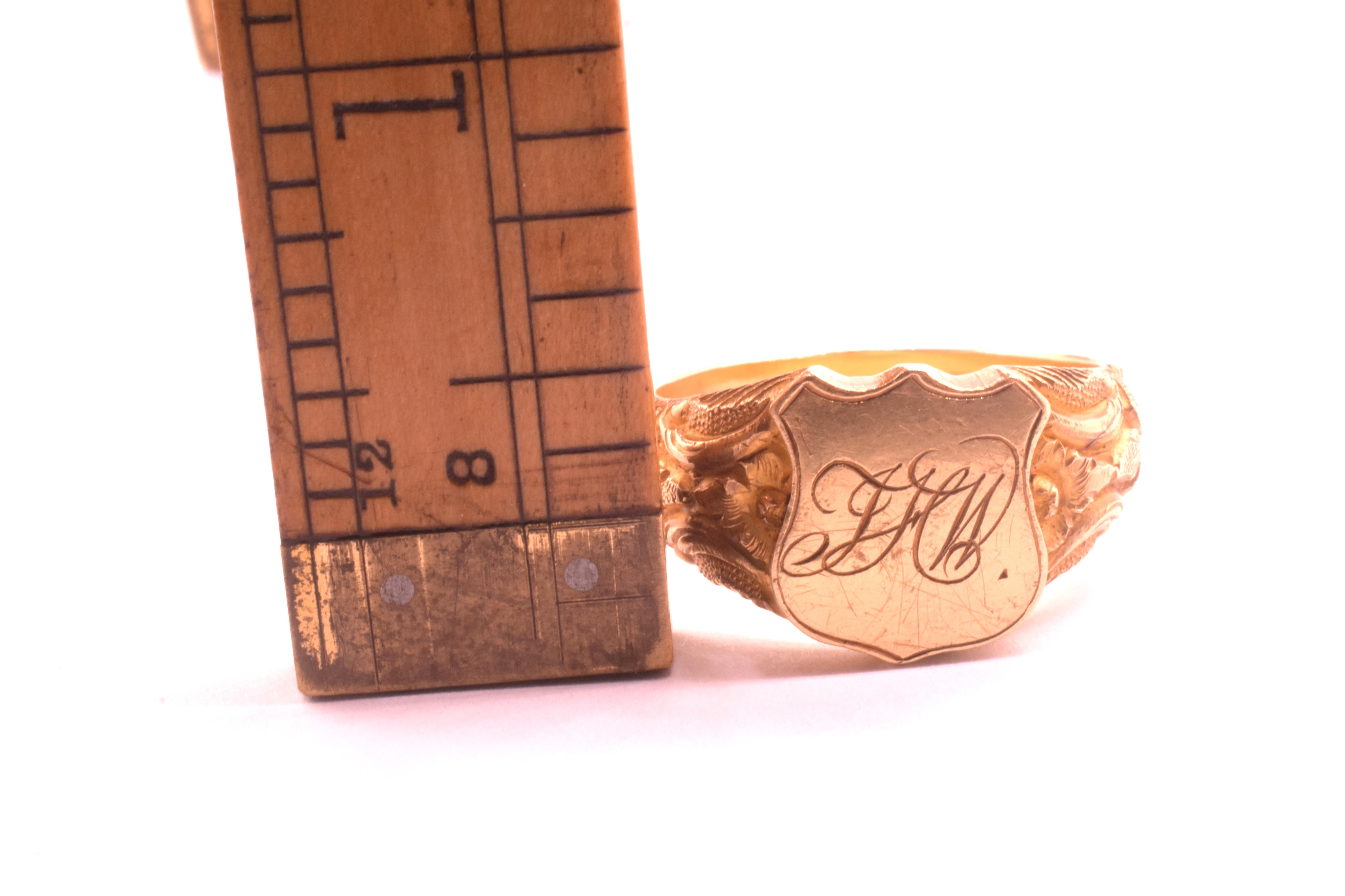 C1870 20 carat Monogrammed JHW Signet Ring w Deeply Carved Shoulders For Sale 3