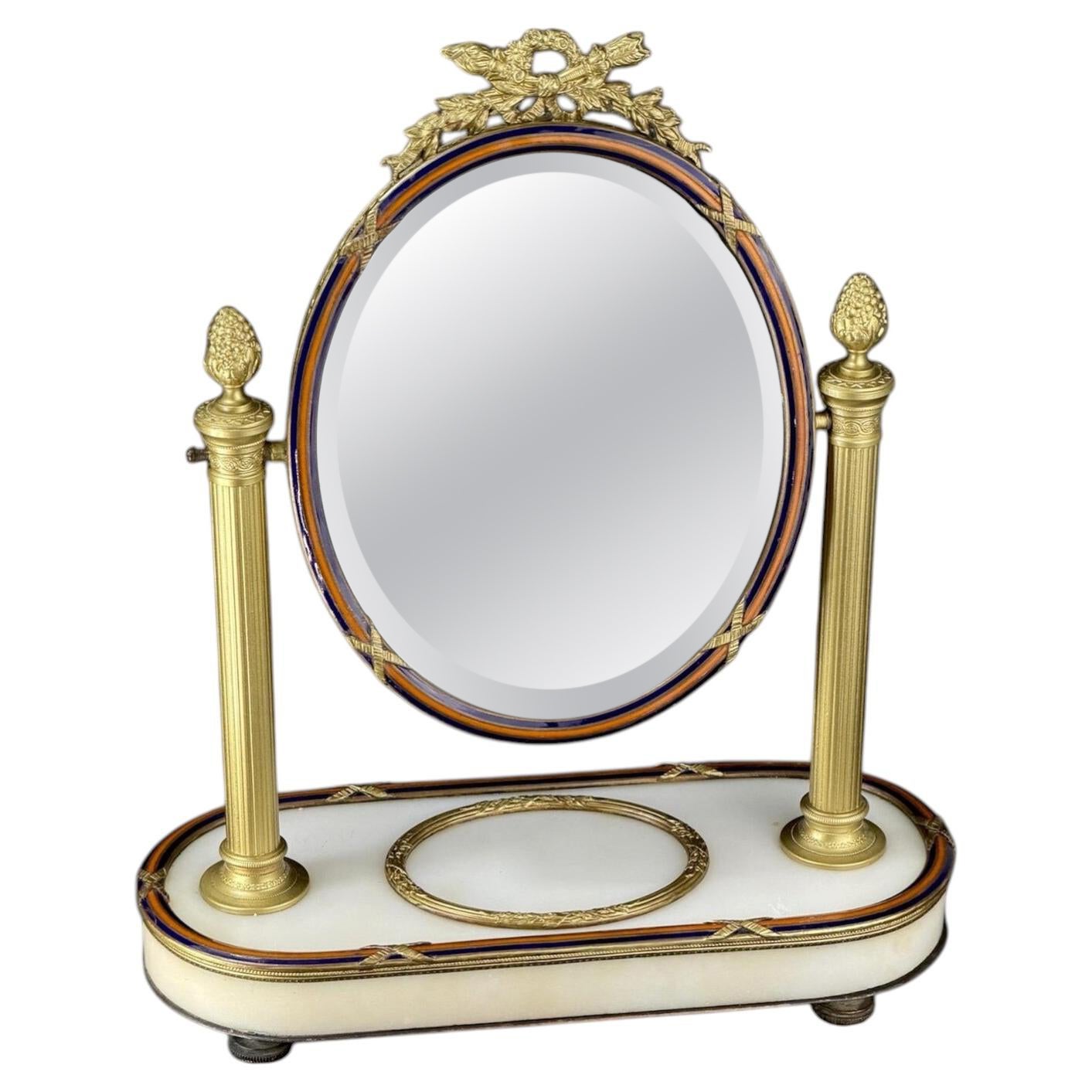 C.1870-1885 Napoleon III French Ormolu Opaline Vanity Mirror, Paris, 13in en vente