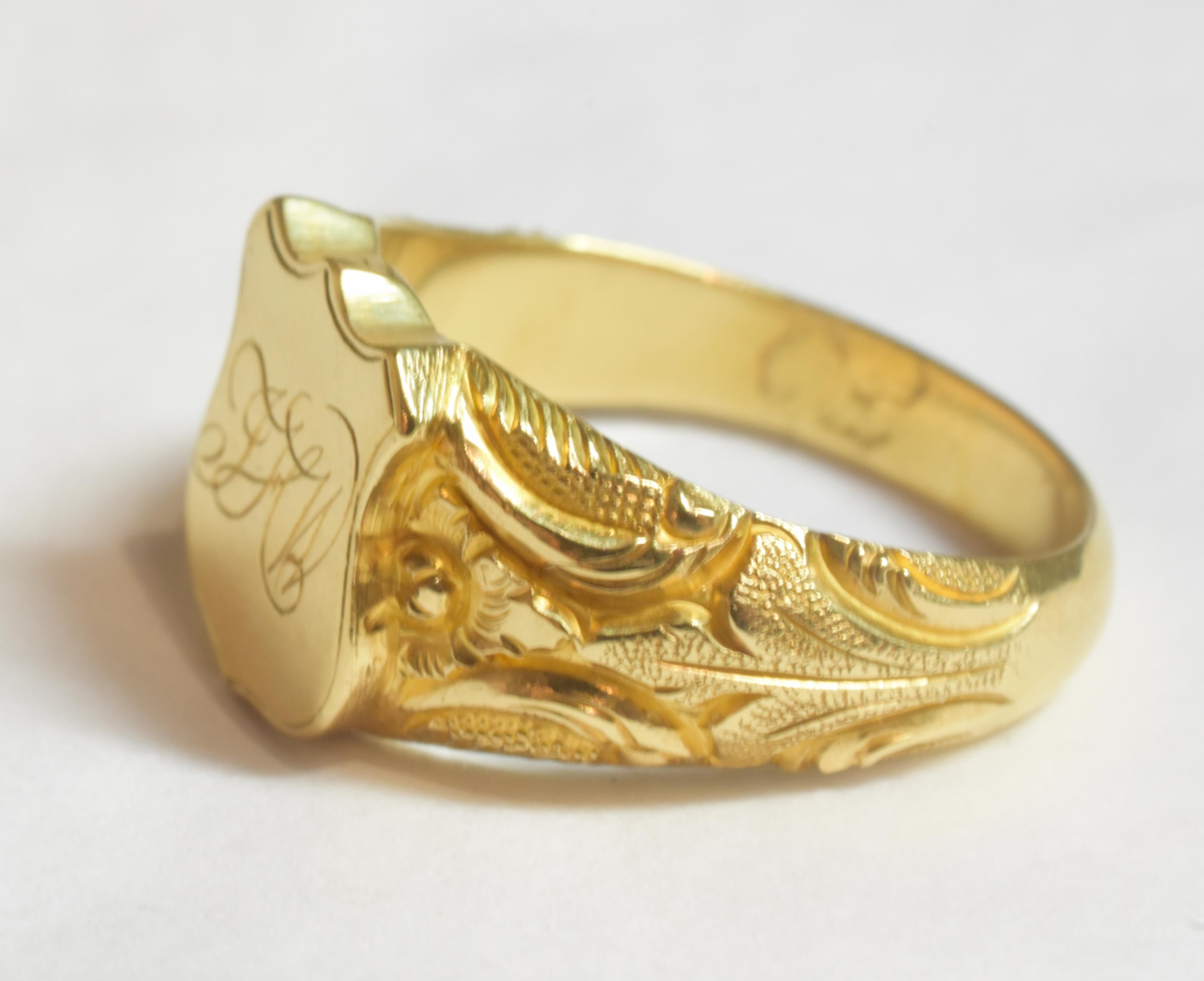 Women's or Men's C1870 20 carat Monogrammed JHW Signet Ring w Deeply Carved Shoulders For Sale