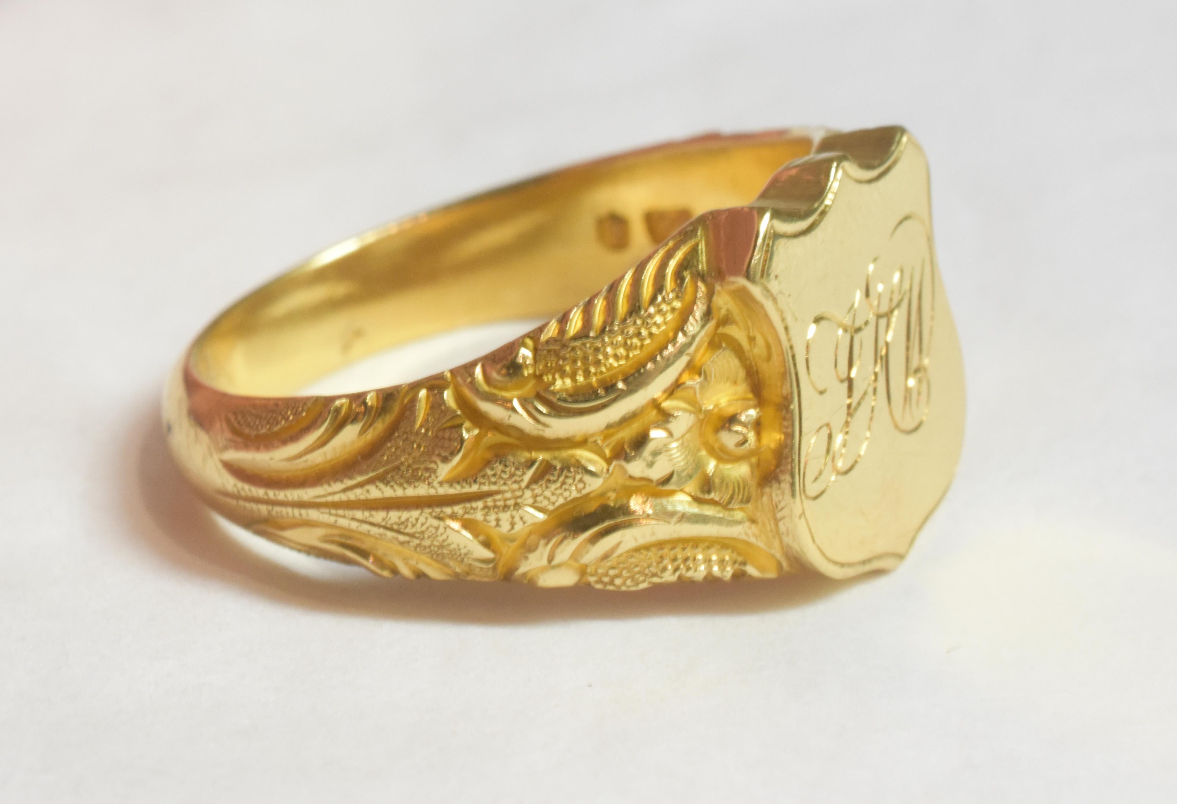Early Victorian C1870 20 carat Monogrammed JHW Signet Ring w Deeply Carved Shoulders For Sale