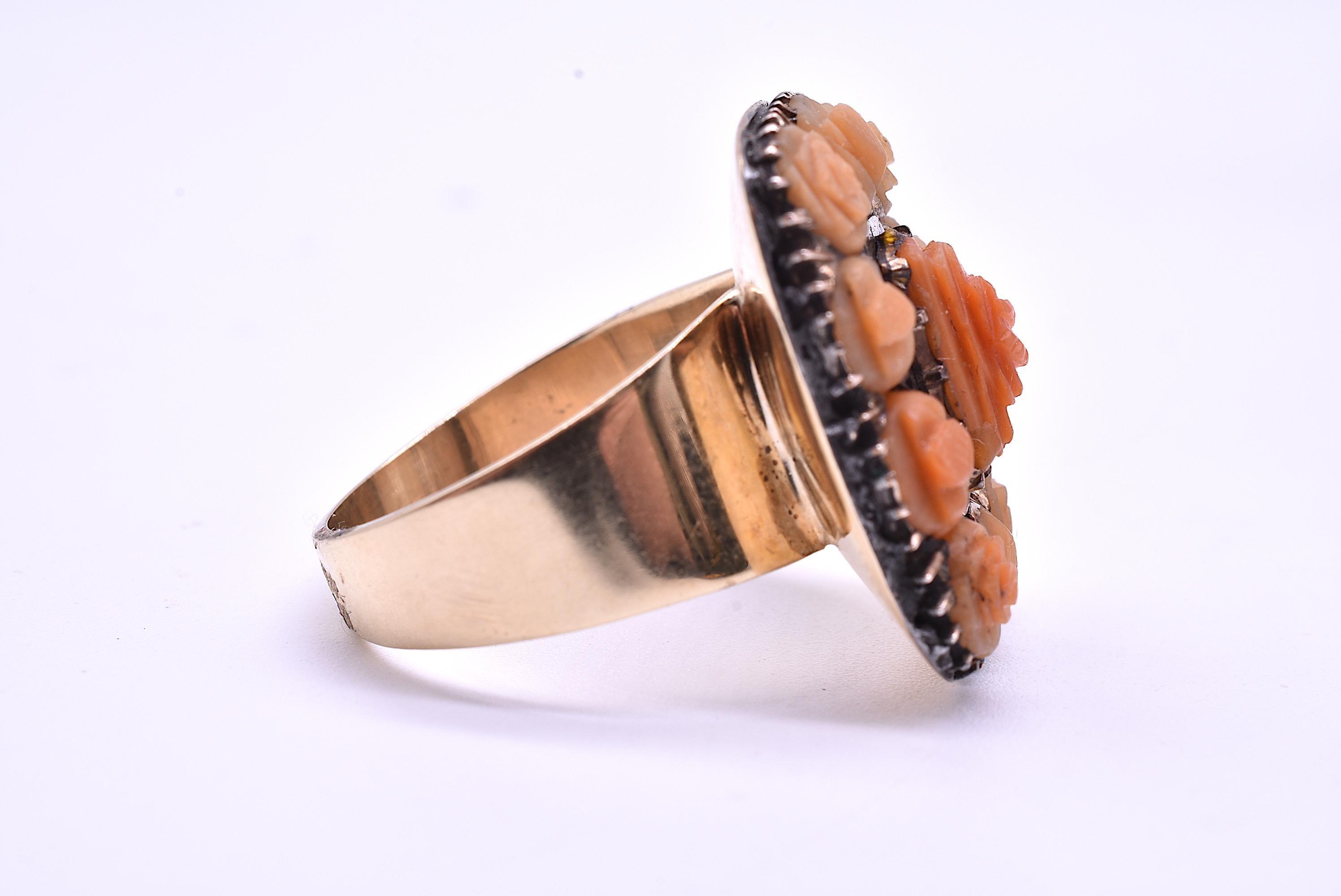 Rough Cut Angel Skin Coral Carved Flower Ring, circa 1870