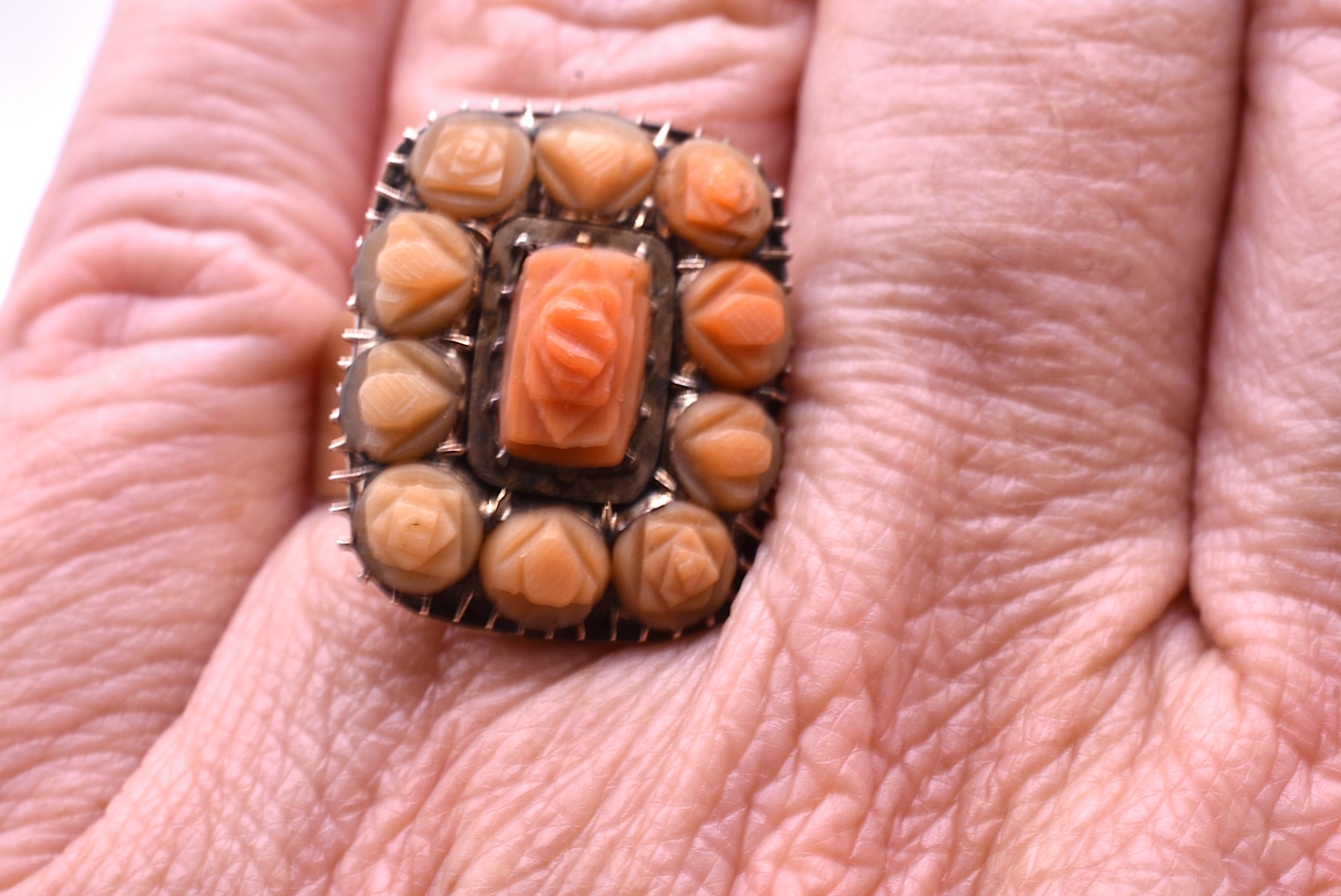 Women's Angel Skin Coral Carved Flower Ring, circa 1870