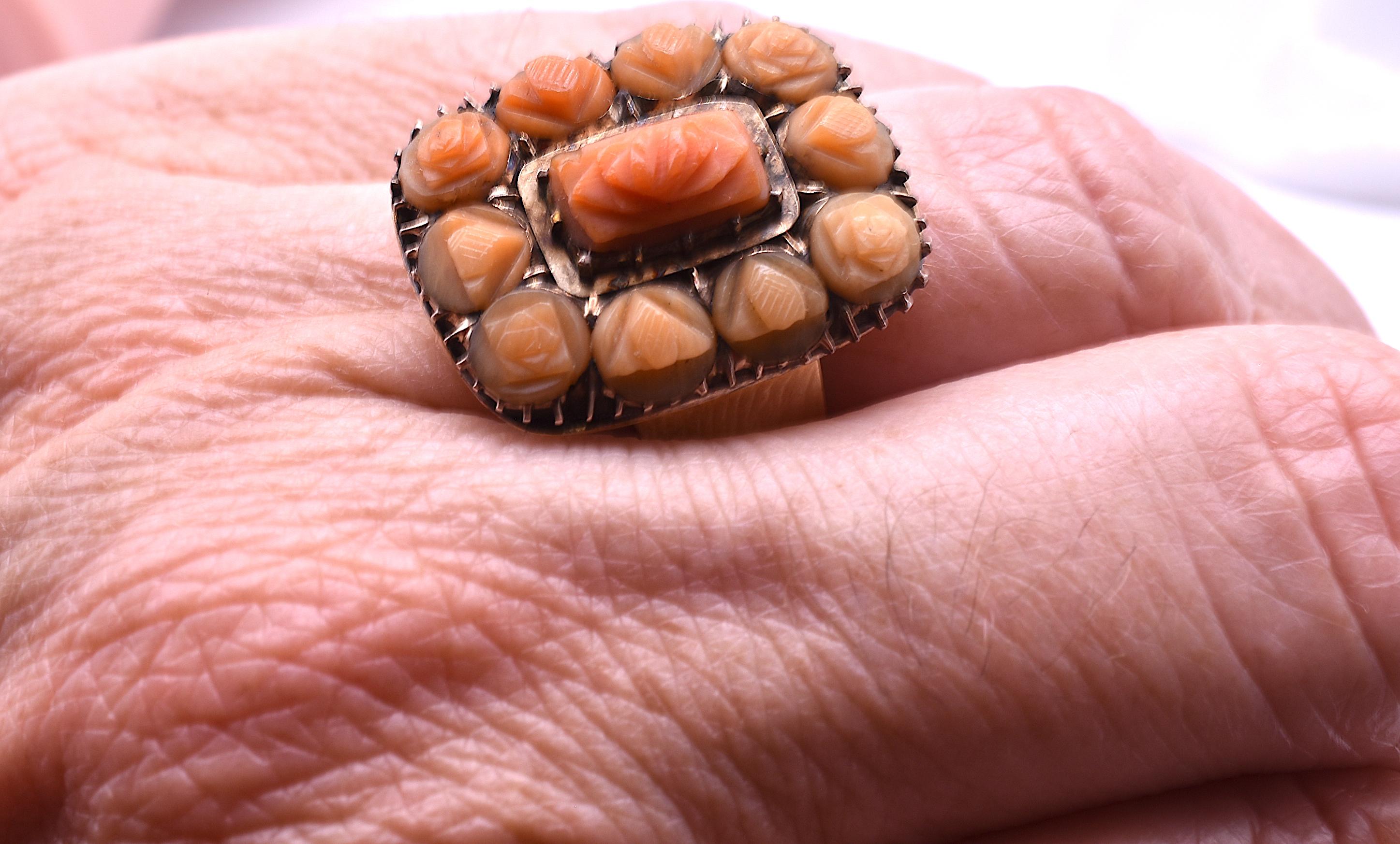 Angel Skin Coral Carved Flower Ring, circa 1870 1