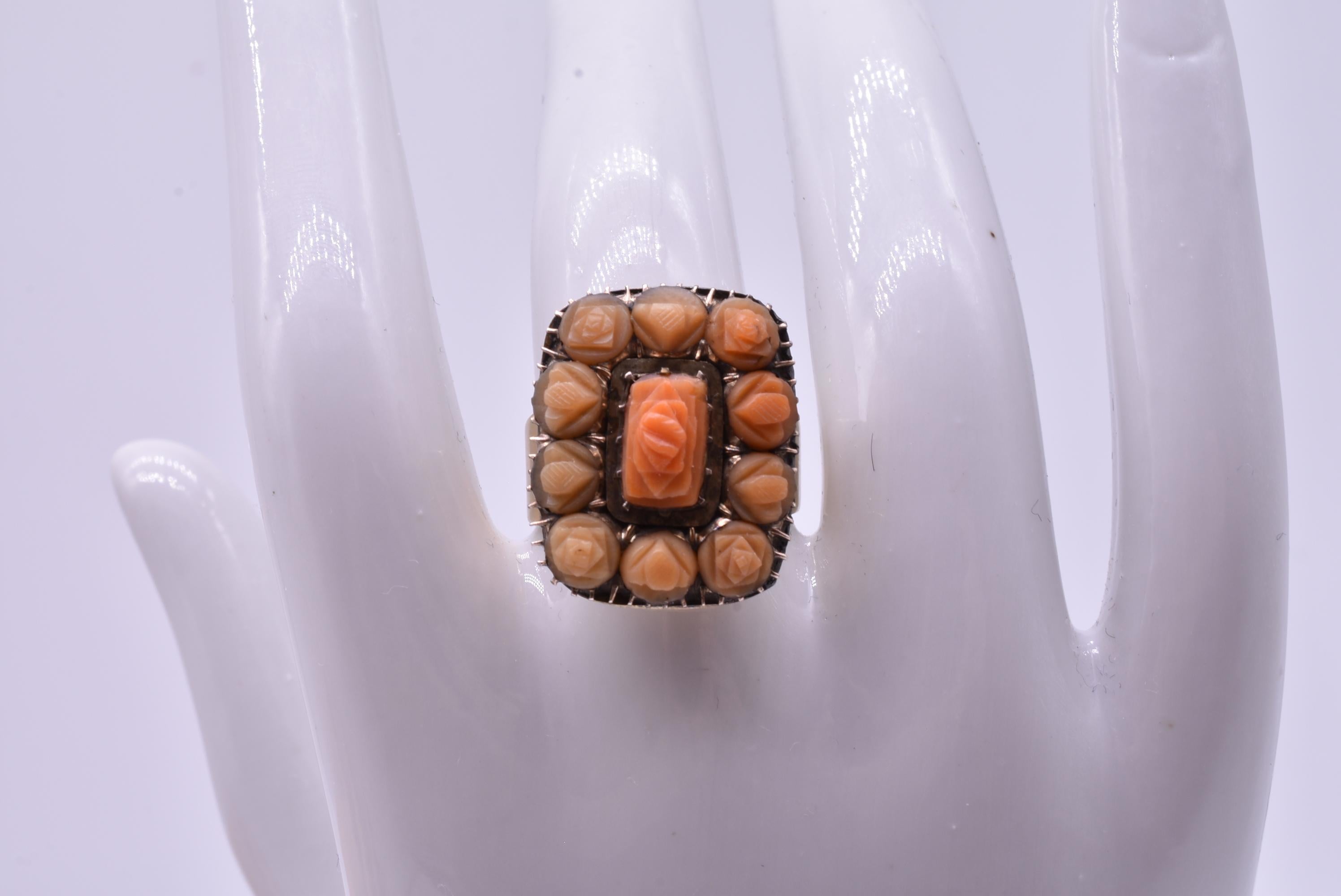Angel Skin Coral Carved Flower Ring, circa 1870 2