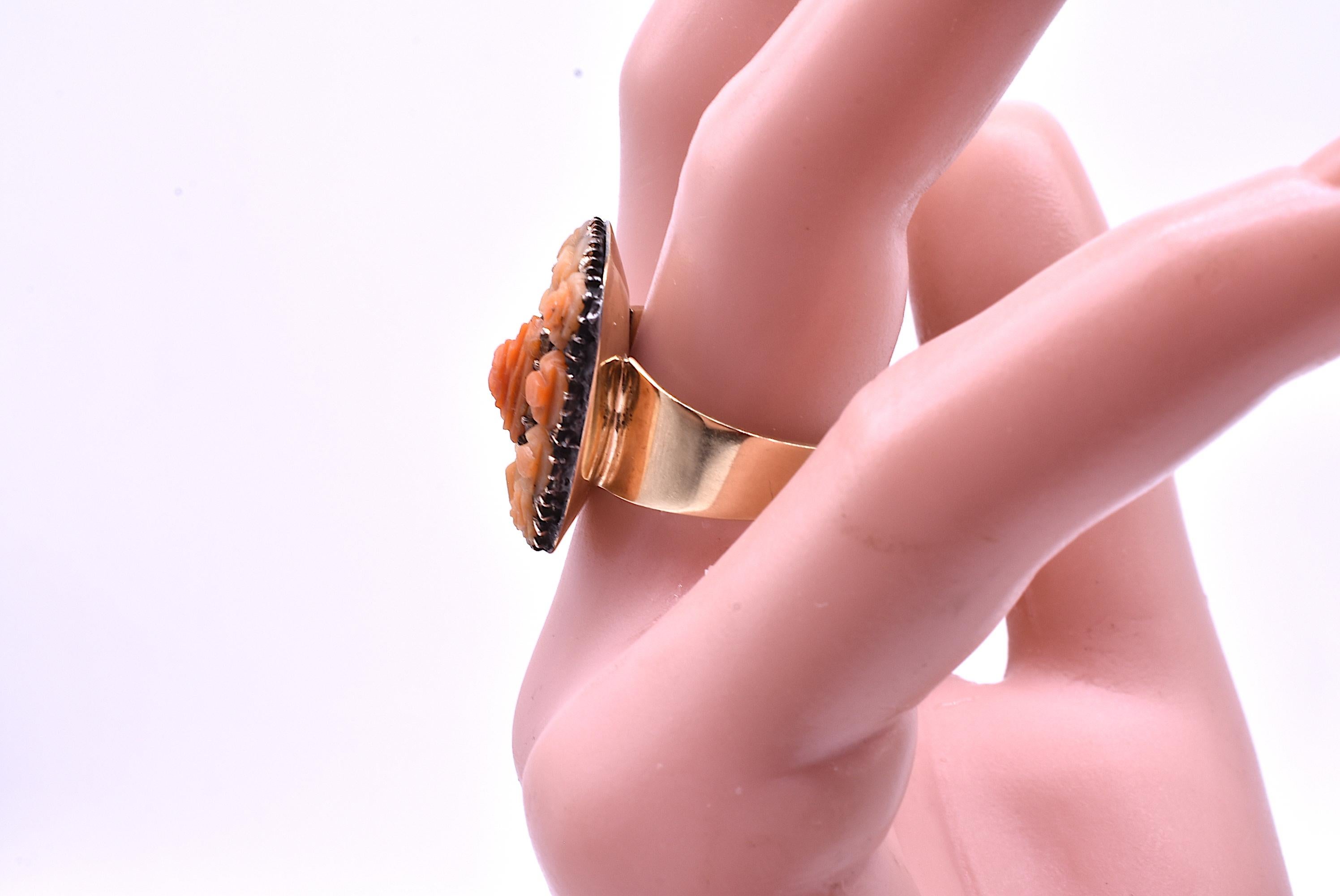 Angel Skin Coral Carved Flower Ring, circa 1870 3