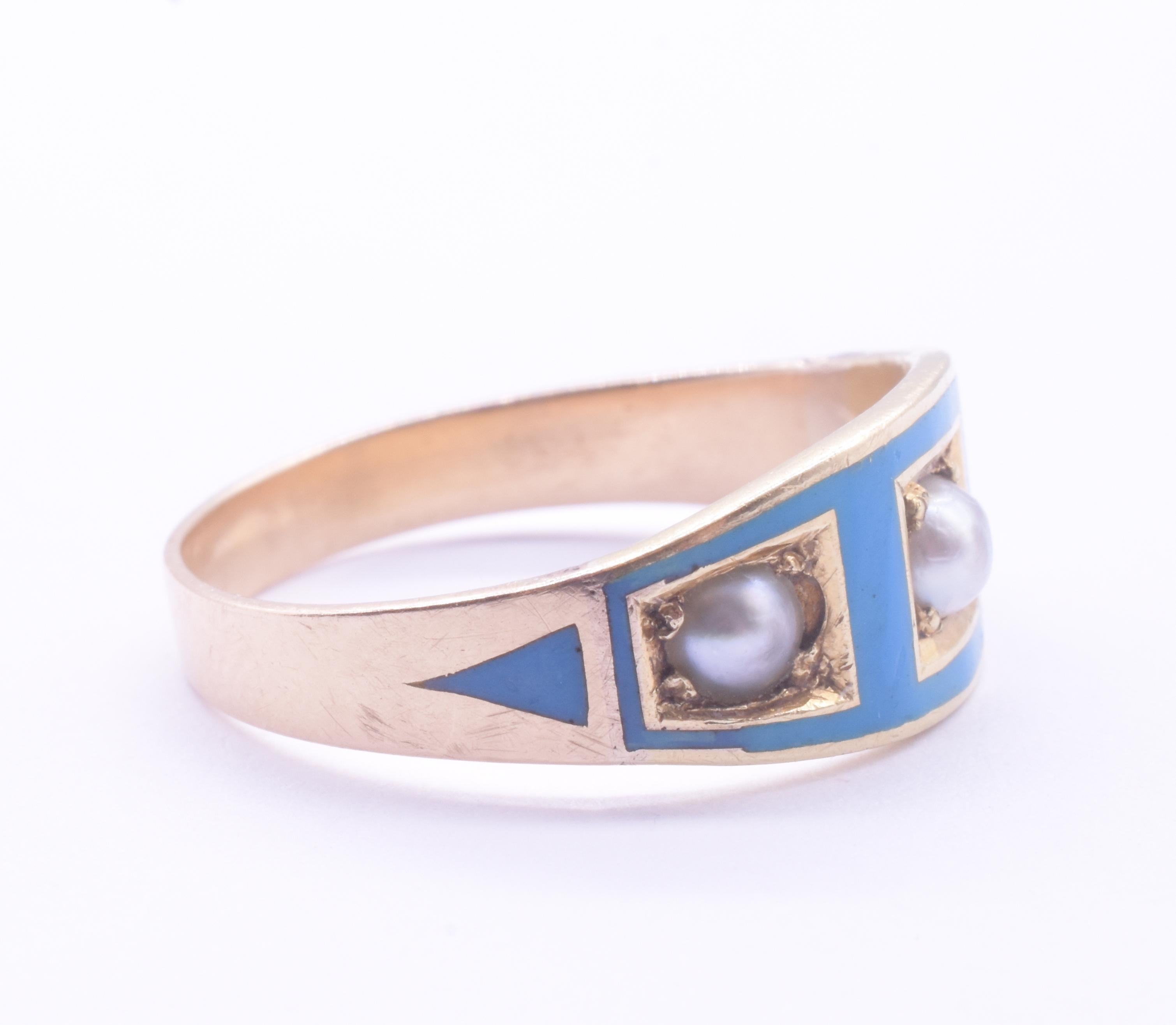 Victorian C1870 Cambridge Blue Enamel and Three Stone Pearl Band Ring For Sale