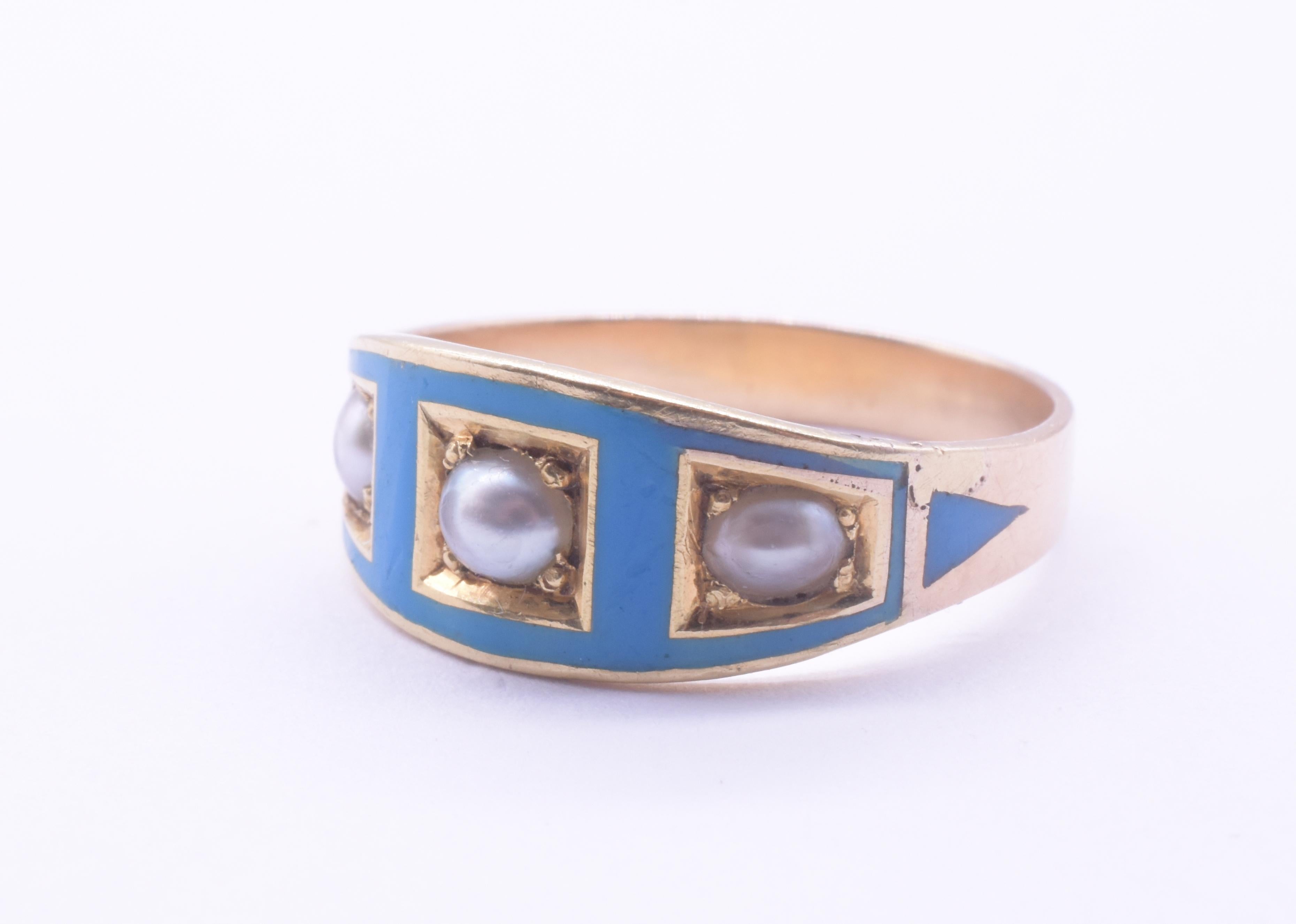 Cabochon C1870 Cambridge Blue Enamel and Three Stone Pearl Band Ring For Sale