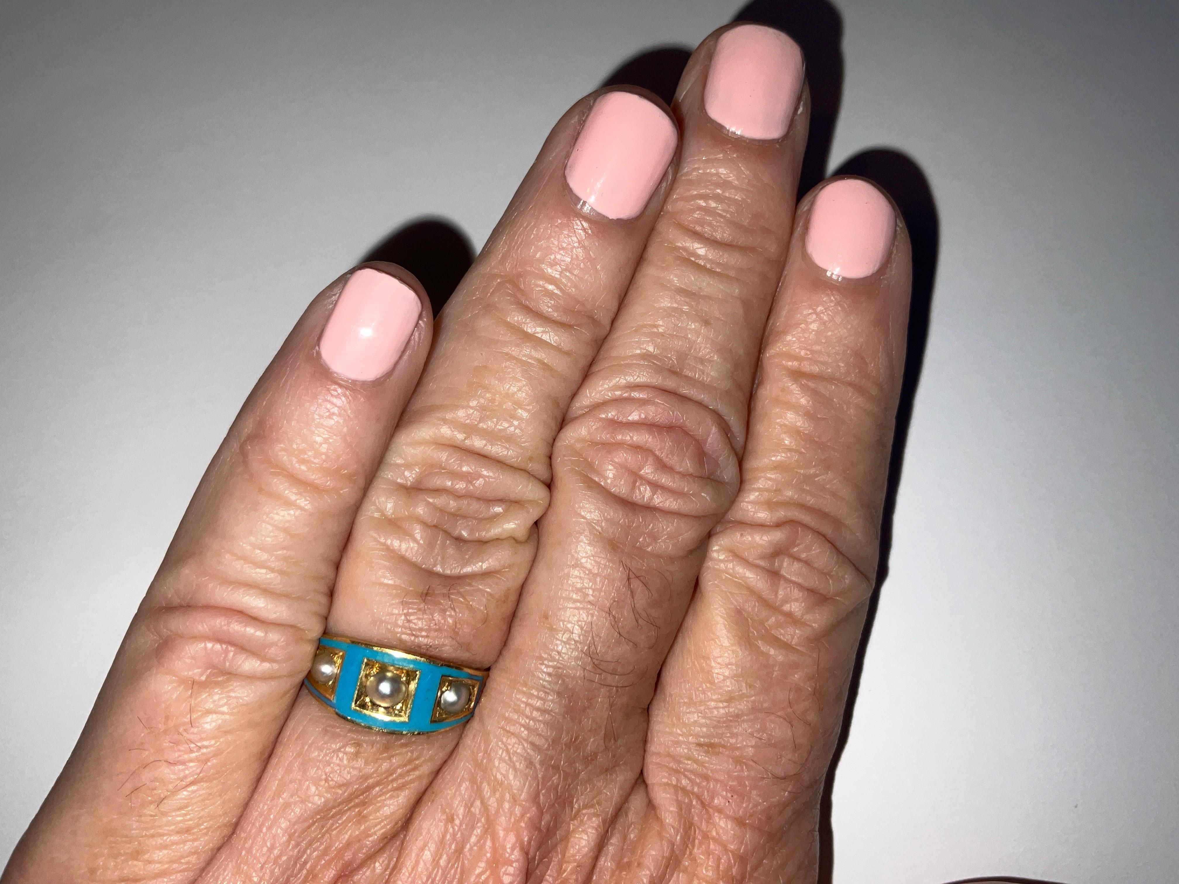 C1870 Cambridge Blue Enamel and Three Stone Pearl Band Ring In Good Condition For Sale In Baltimore, MD