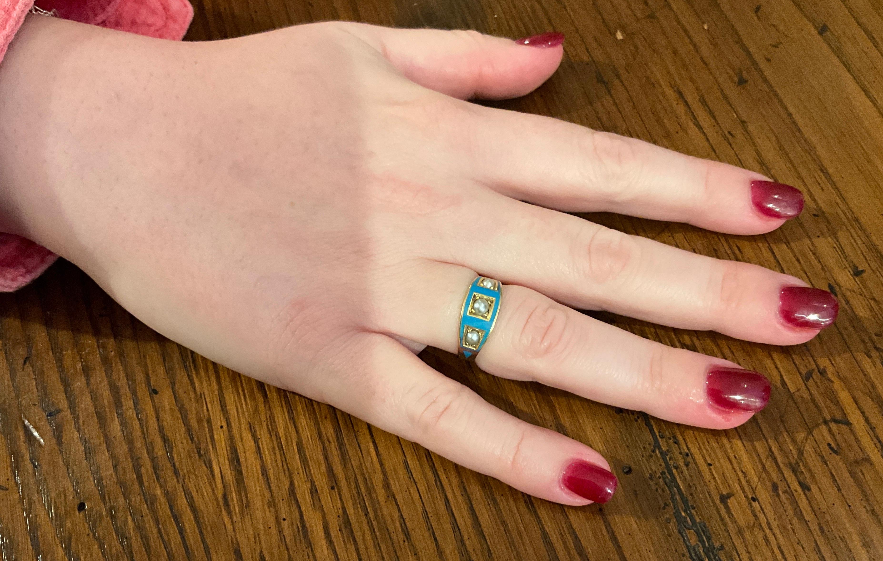 Women's or Men's C1870 Cambridge Blue Enamel and Three Stone Pearl Band Ring For Sale