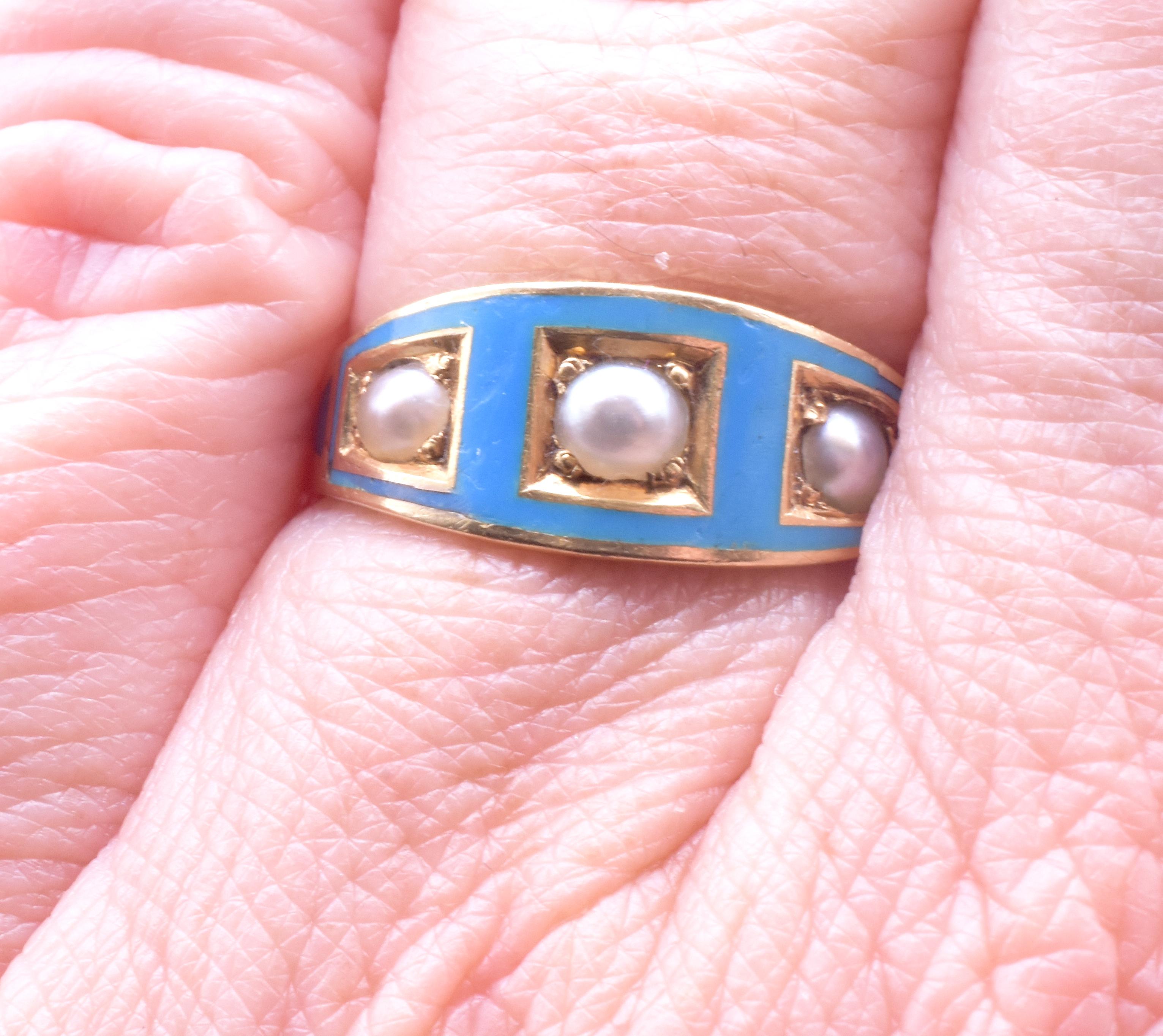 C1870 Cambridge Blue Enamel and Three Stone Pearl Band Ring For Sale 1