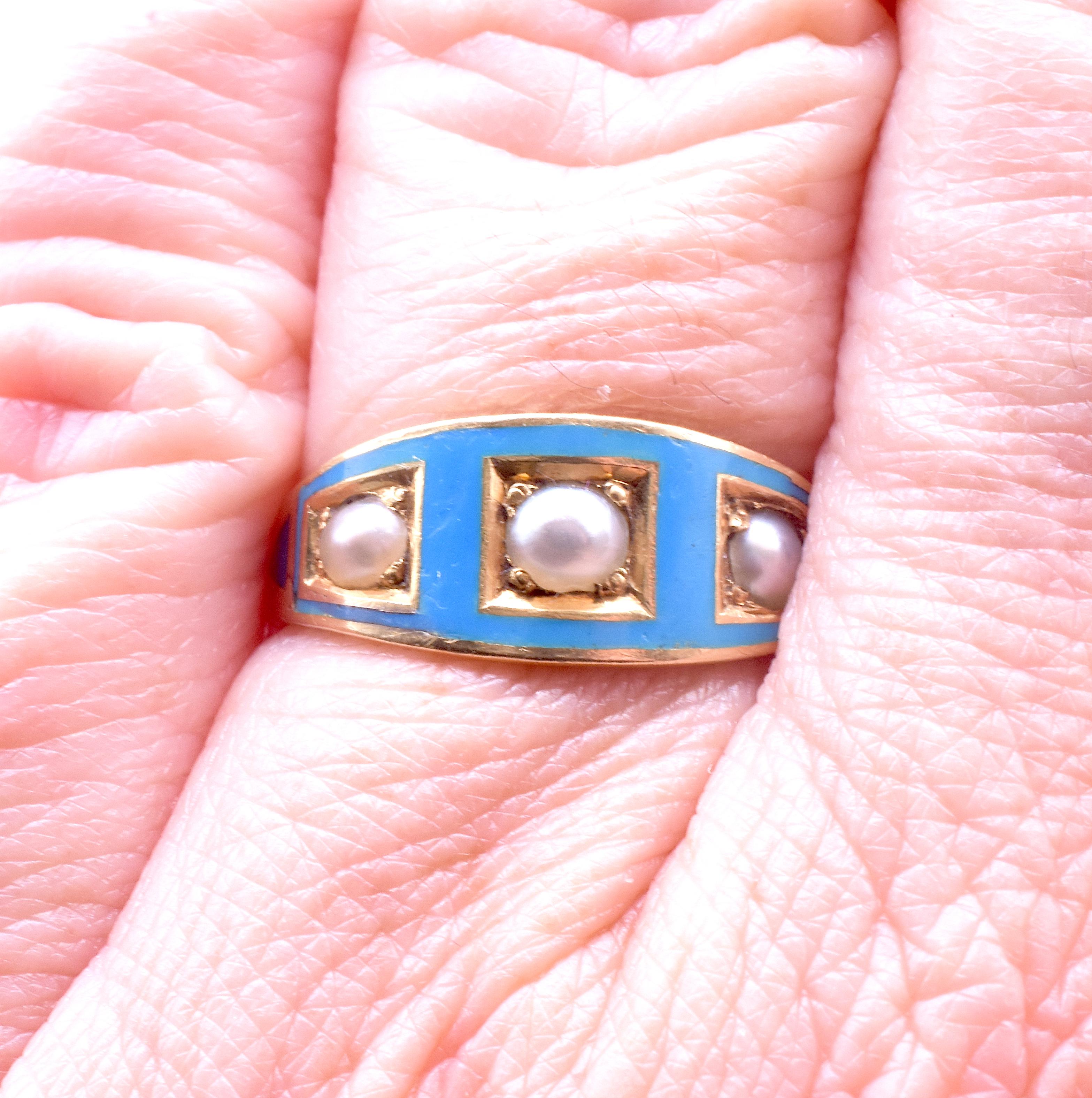 C1870 Cambridge Blue Enamel and Three Stone Pearl Band Ring For Sale 2