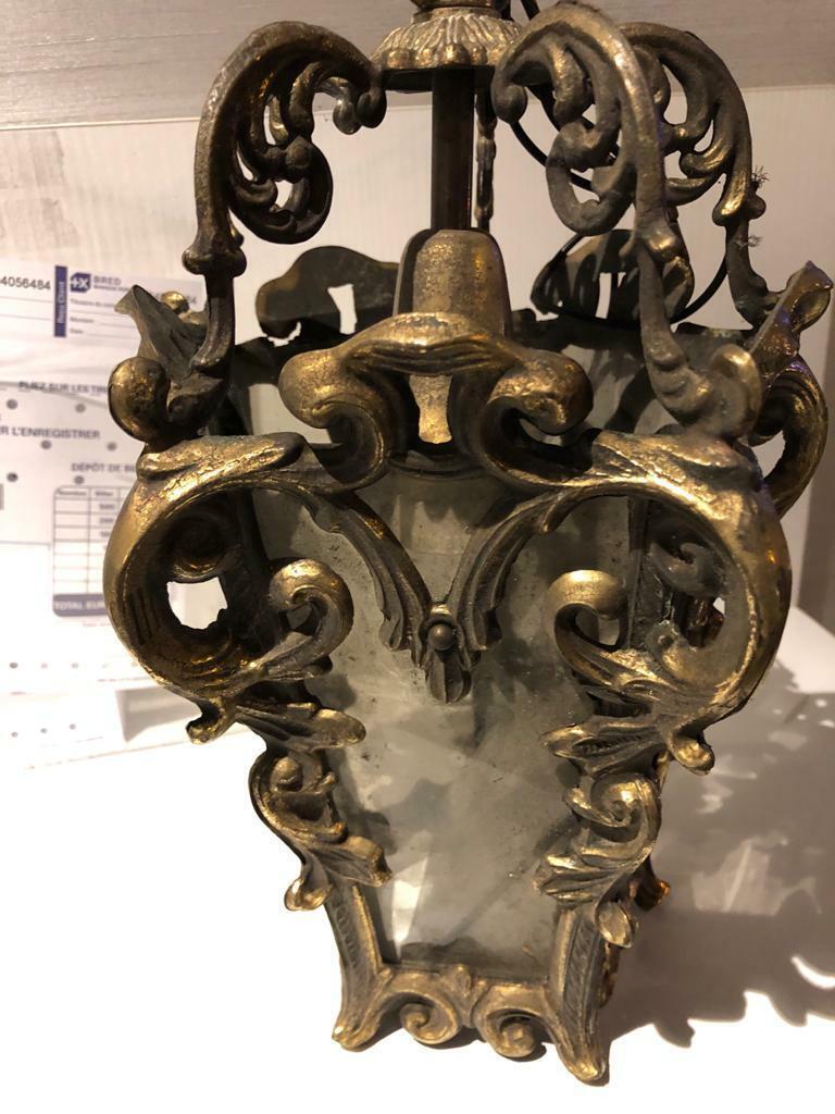 French Antique 19thc Louis XV Gilt Bronze Lantern. Grand presence. Highly detailed. Rococo style and ultra high quality. Glass is being replaced.