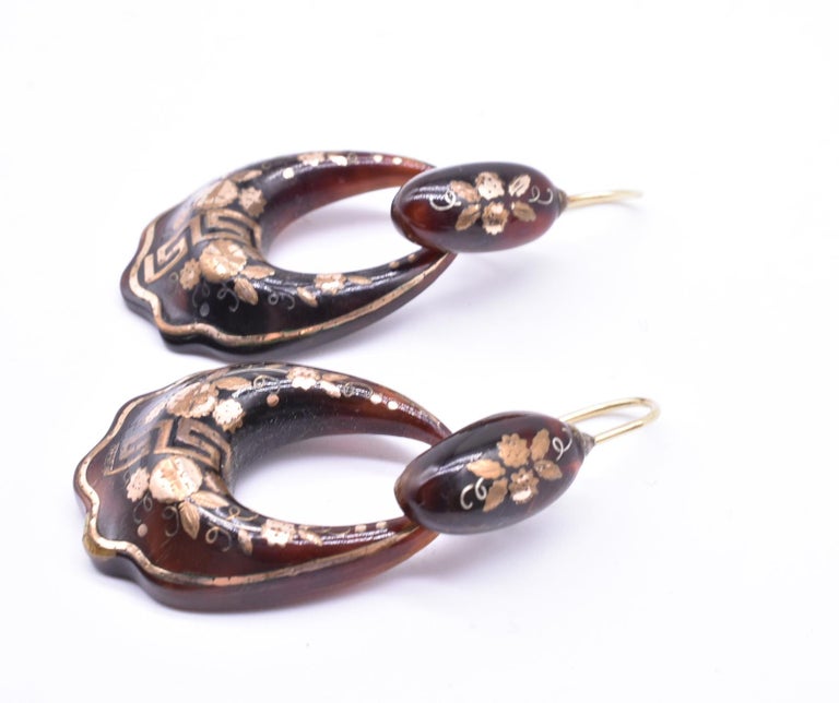Pique Greek Key Hoop Earrings, circa 1870 For Sale 1