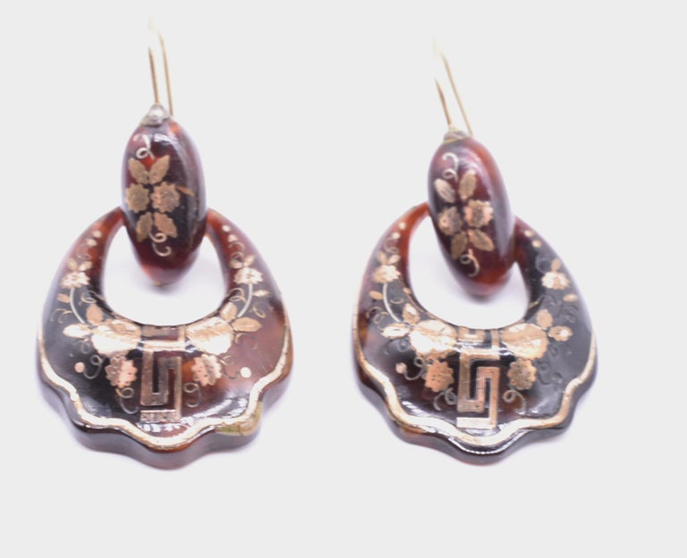 Victorian Pique Greek Key Hoop Earrings, circa 1870 For Sale