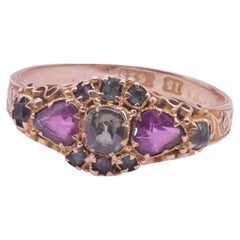 C1870 Victorian 15K Multi-stone Ring with Heart Shaped Almandine Garnets