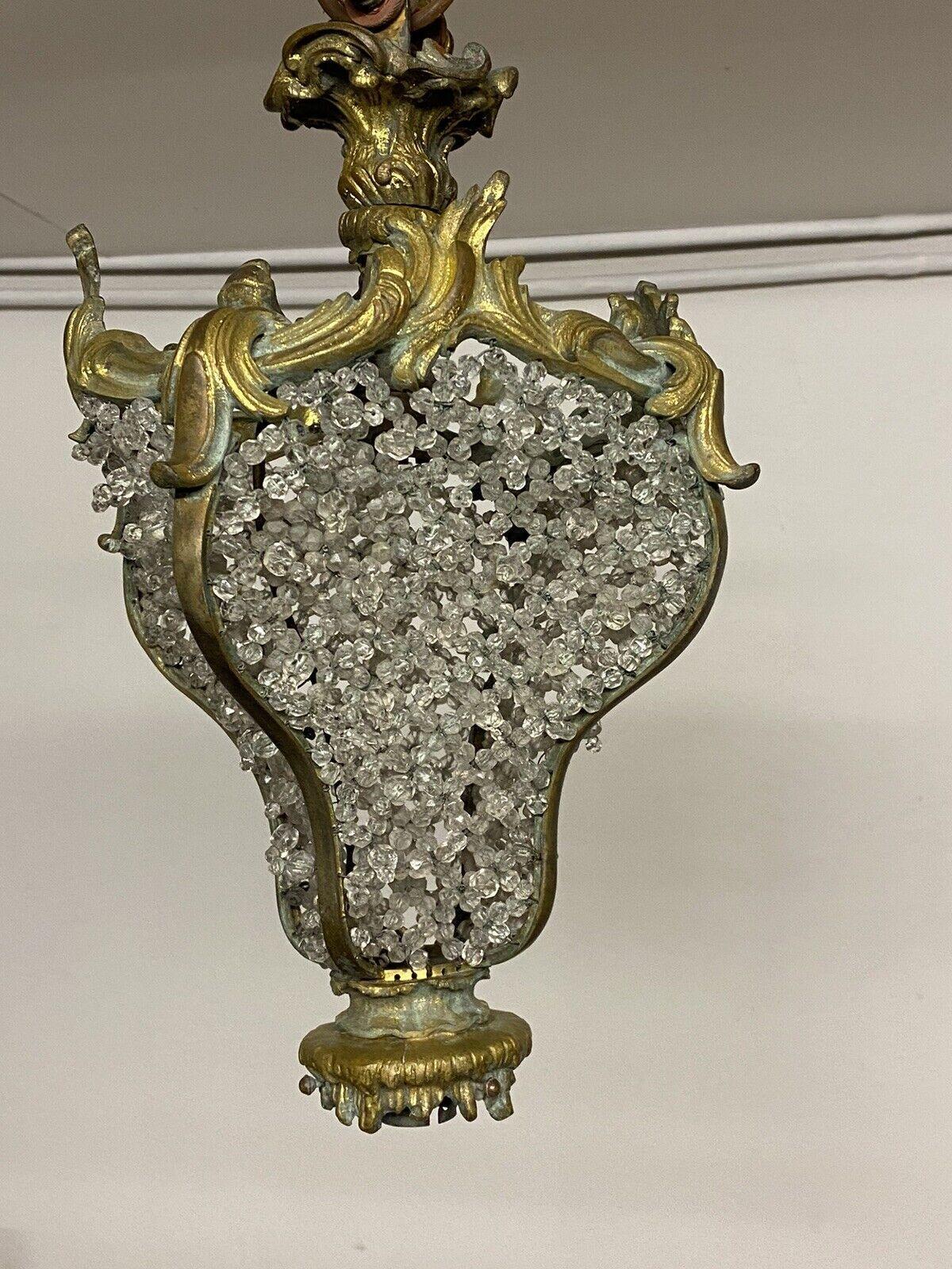 c1870s French Antique Rococo Louis XV Gilt Bronze Crystal Beaded Ceiling Lantern For Sale 6