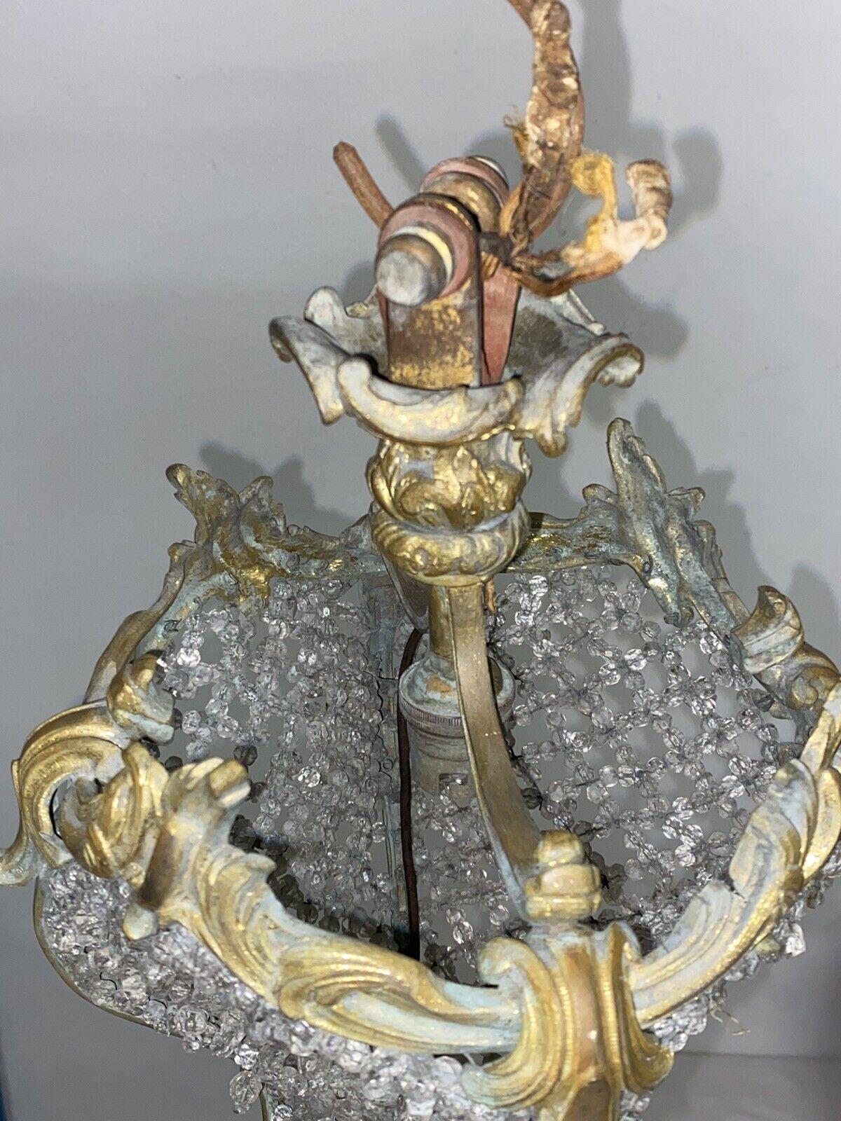 c1870s French Antique Rococo Louis XV Gilt Bronze Crystal Beaded Ceiling Lantern For Sale 11
