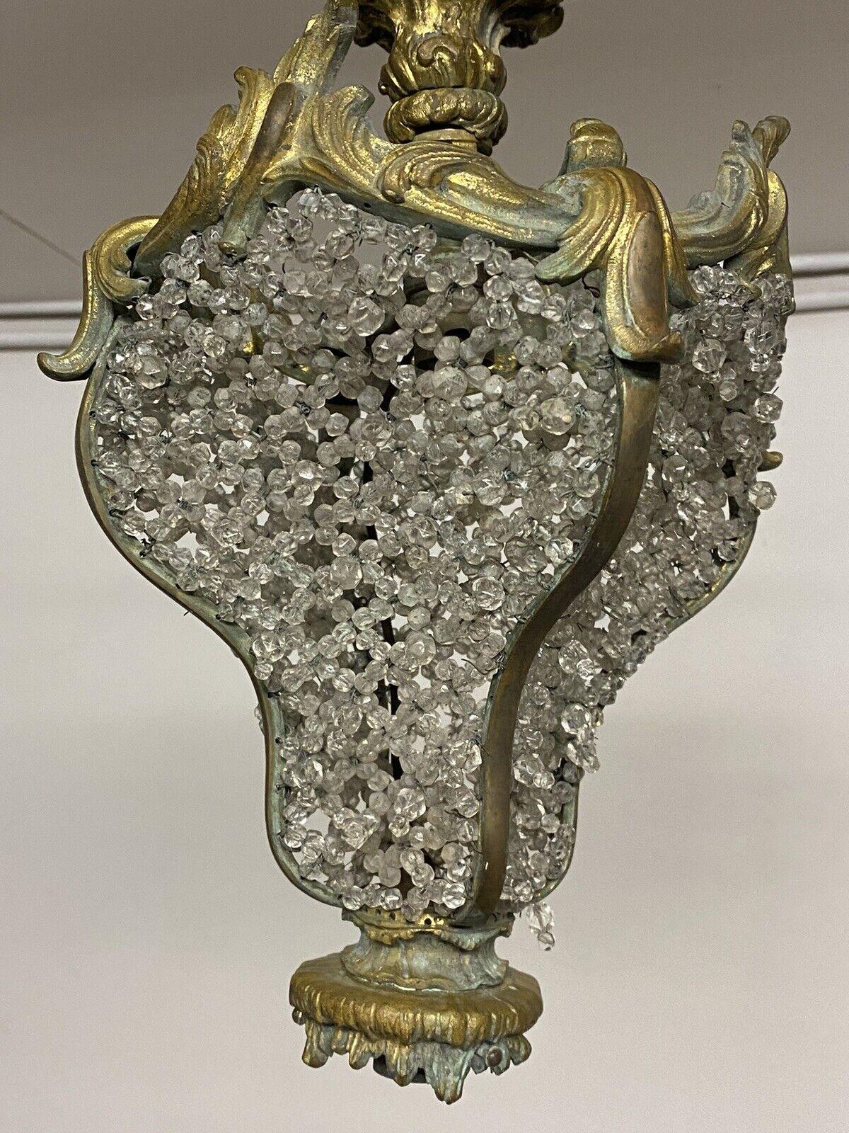 c1870s French Antique Rococo Louis XV Gilt Bronze Crystal Beaded Ceiling Lantern For Sale 1