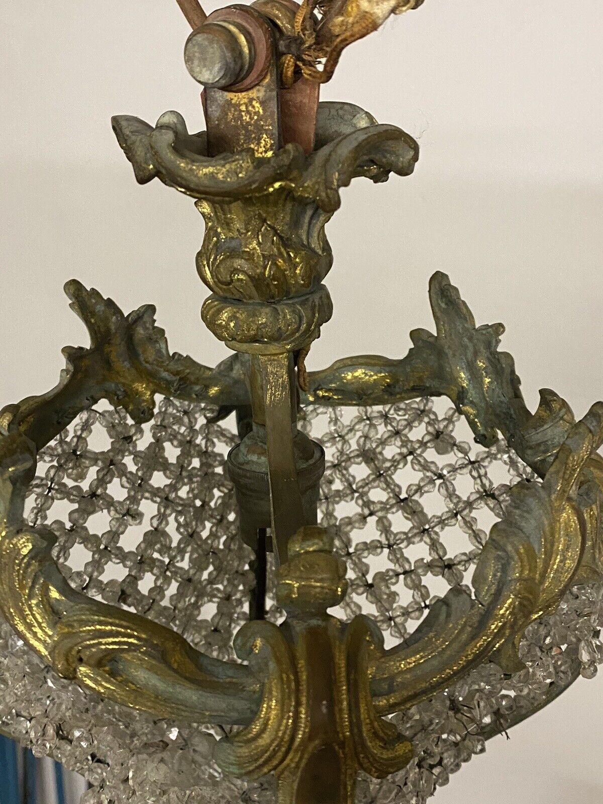 c1870s French Antique Rococo Louis XV Gilt Bronze Crystal Beaded Ceiling Lantern For Sale 4