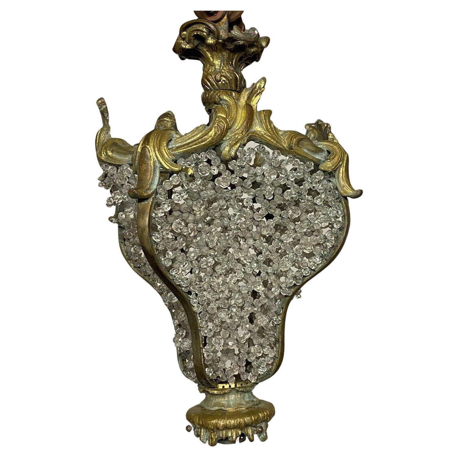 c1870s French Antique Rococo Louis XV Gilt Bronze Crystal Beaded Ceiling Lantern For Sale