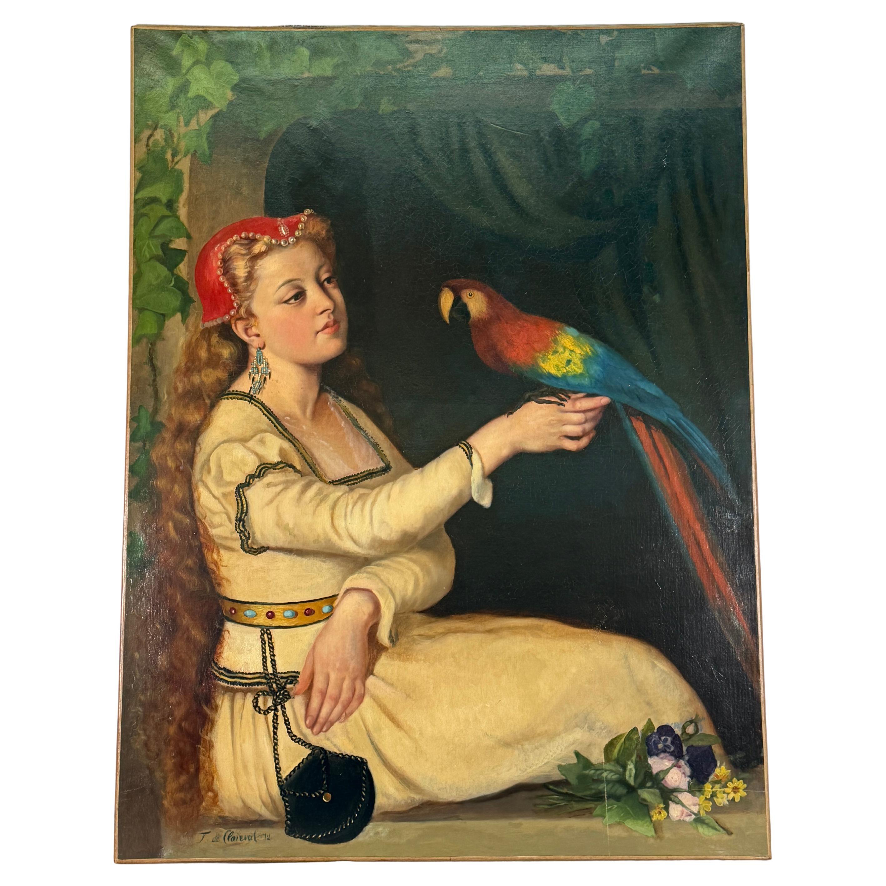 C1872 French Painting of Gypsy Woman with a Parrot