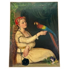 C1872 French Painting of Gypsy Woman with a Parrot