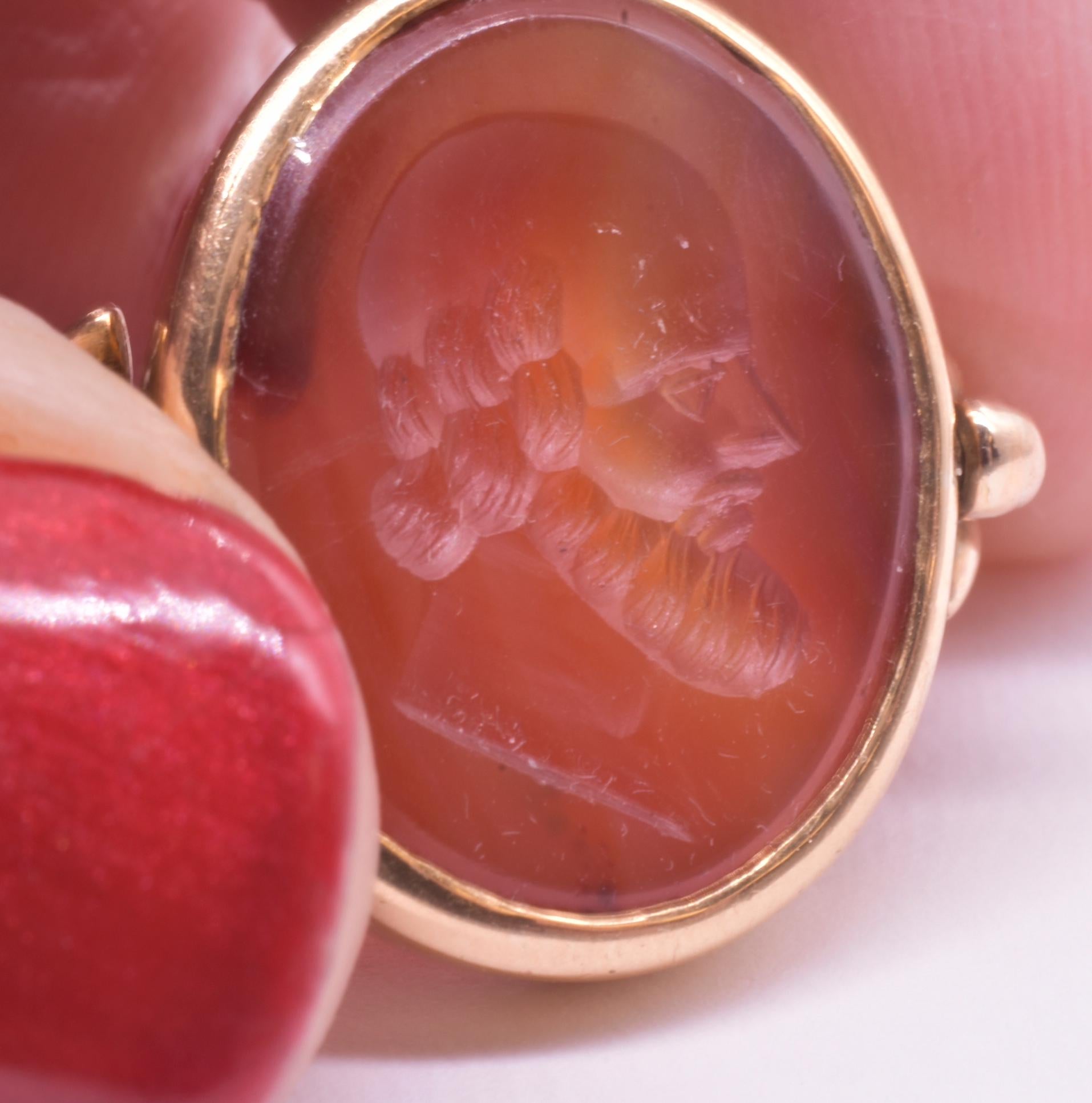 Women's or Men's C1880 15K Carnelian Orange Red Portrait Swivel Ring