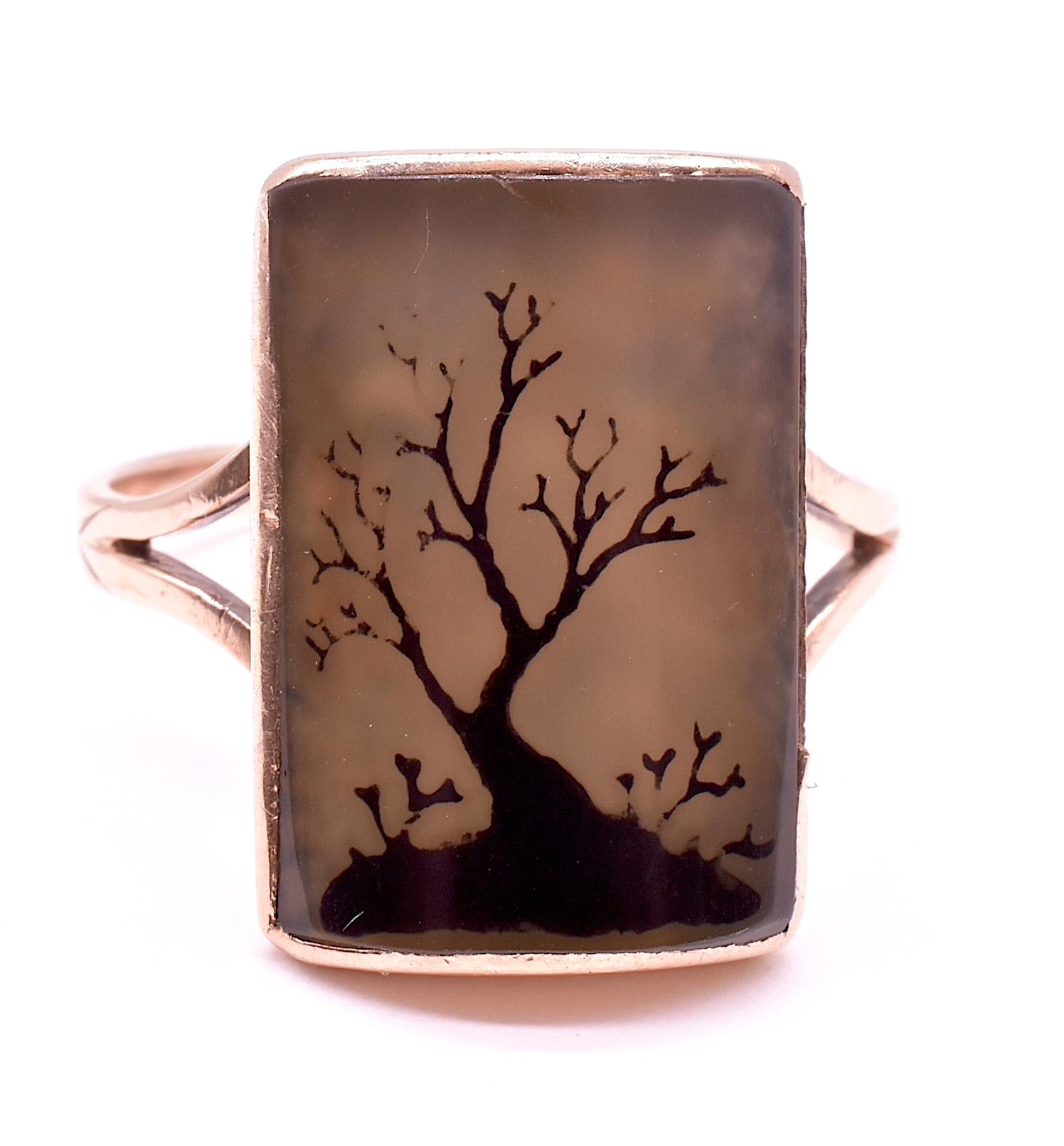 C1880 15K Egliomese Reverse Painted Ring on Glass of Silhouette of a Tree 1