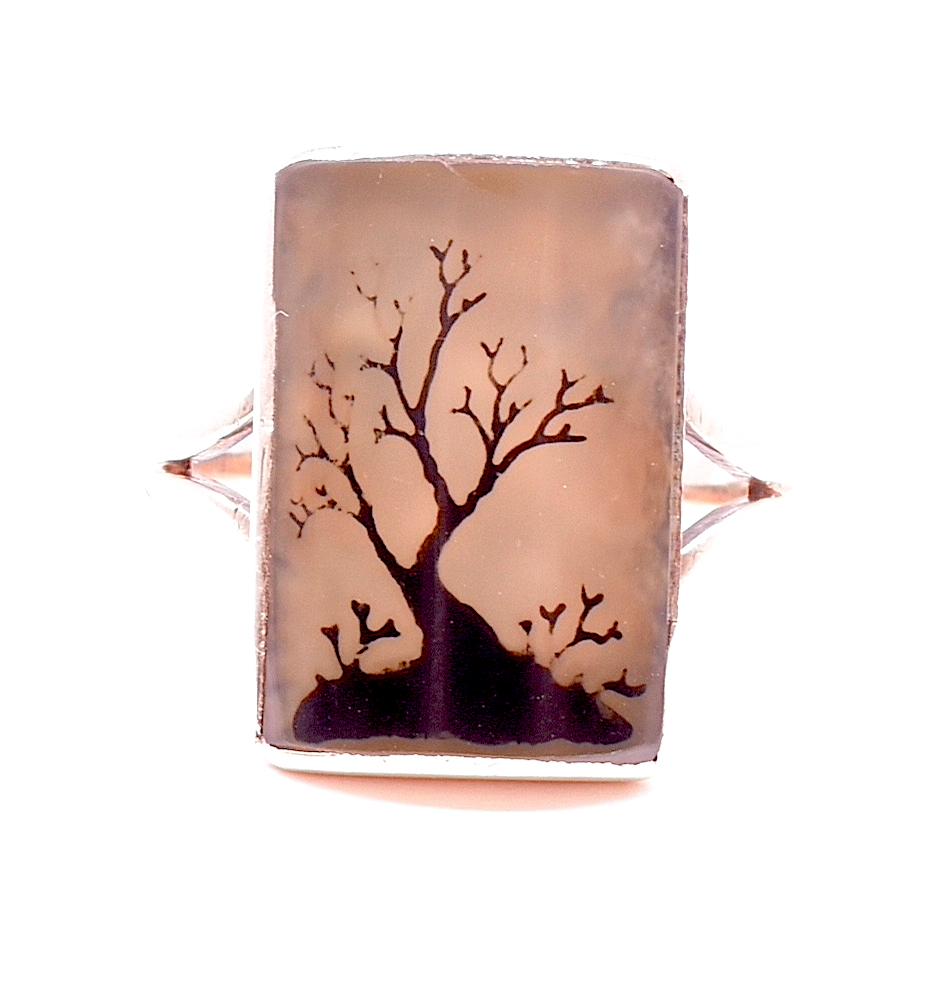 C1880 15K Egliomese Reverse Painted Ring on Glass of Silhouette of a Tree 2