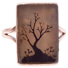 C1880 15K Egliomese Reverse Painted Ring on Glass of Silhouette of a Tree