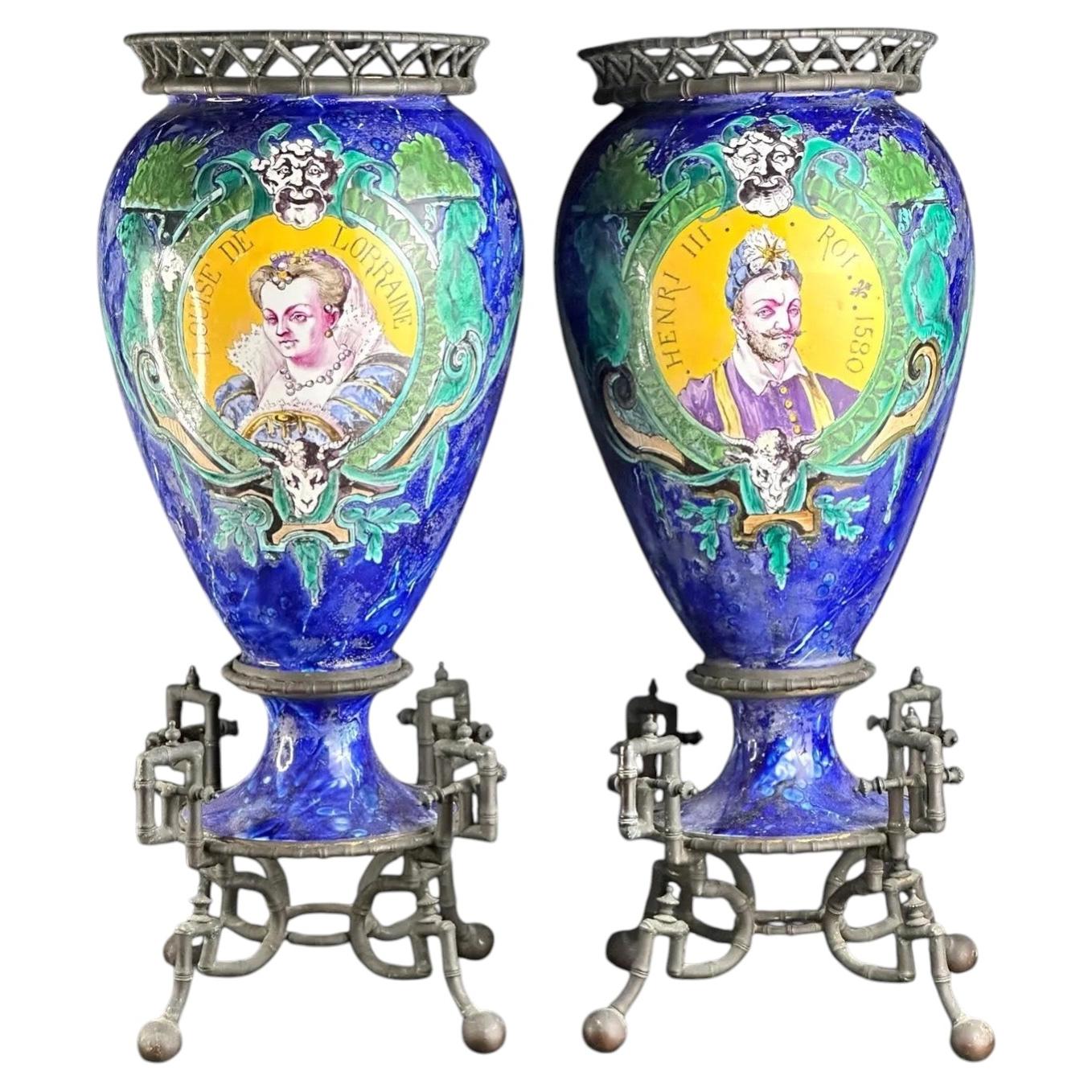 c.1880-1895 - Pair of French Longwy-Style Vases on Patinated Bronze Bamboo Mount For Sale