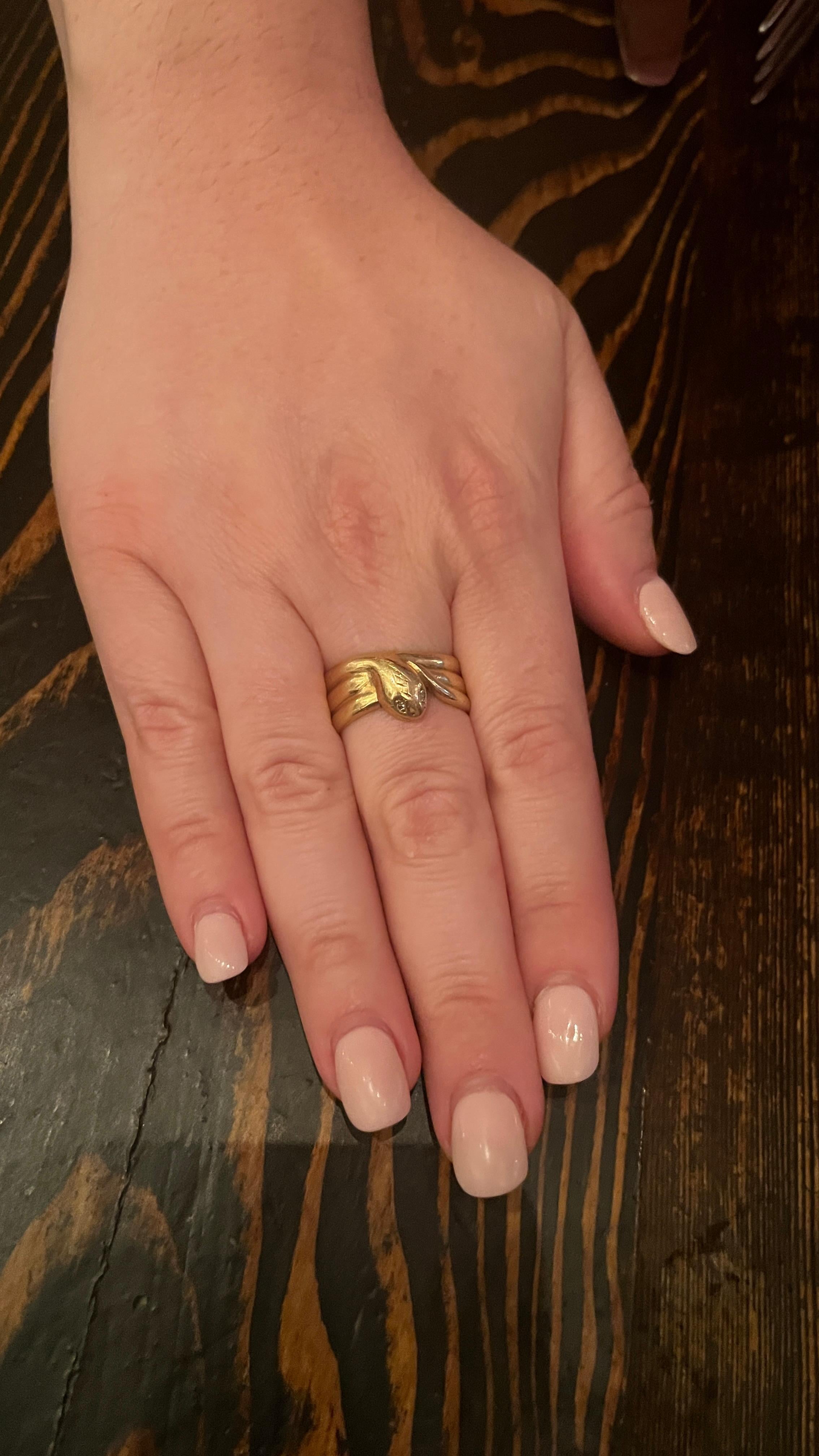 C.1880 18K Triple Coiled Snake Ring with Diamond Eyes For Sale 5
