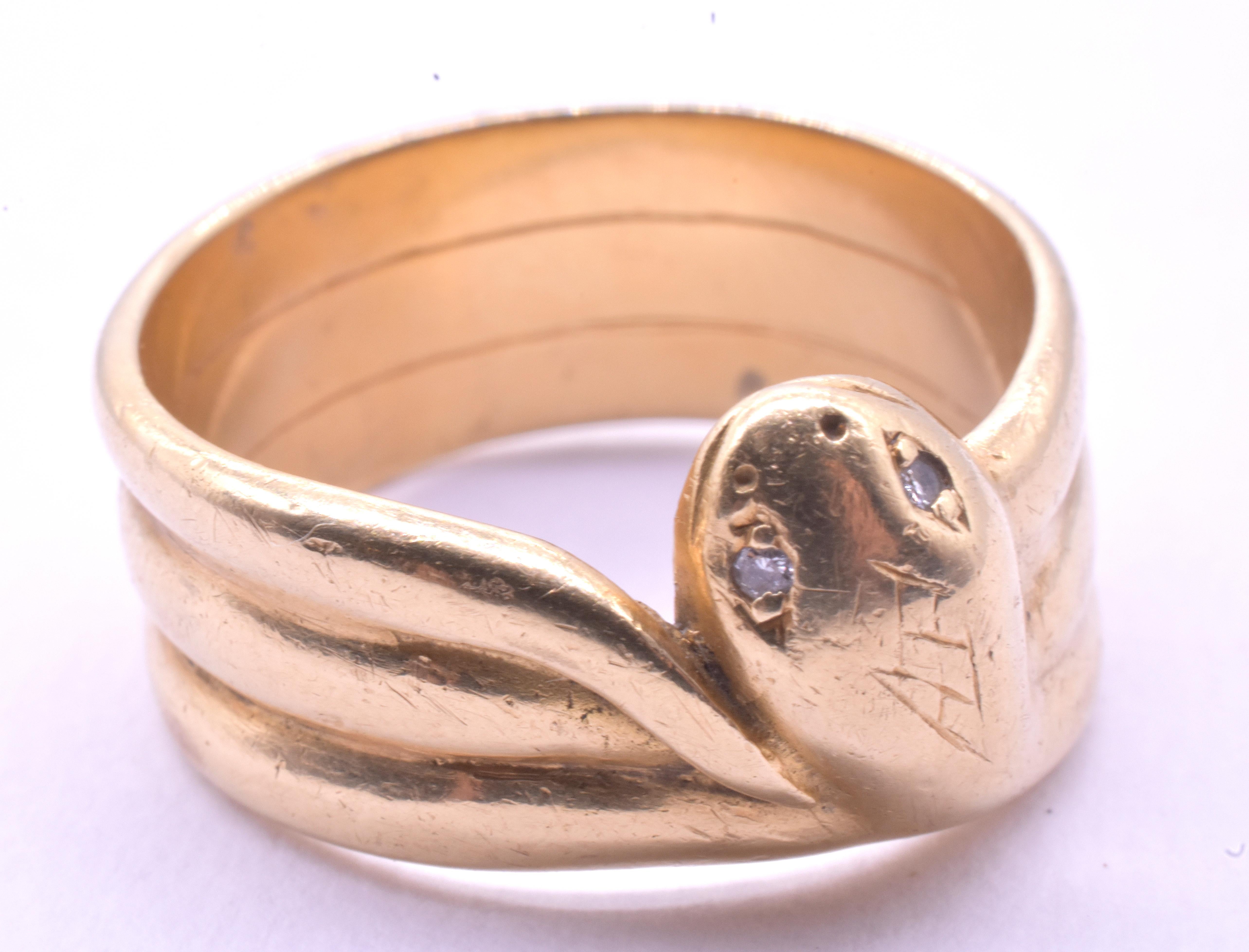 Old Mine Cut C.1880 18K Triple Coiled Snake Ring with Diamond Eyes For Sale