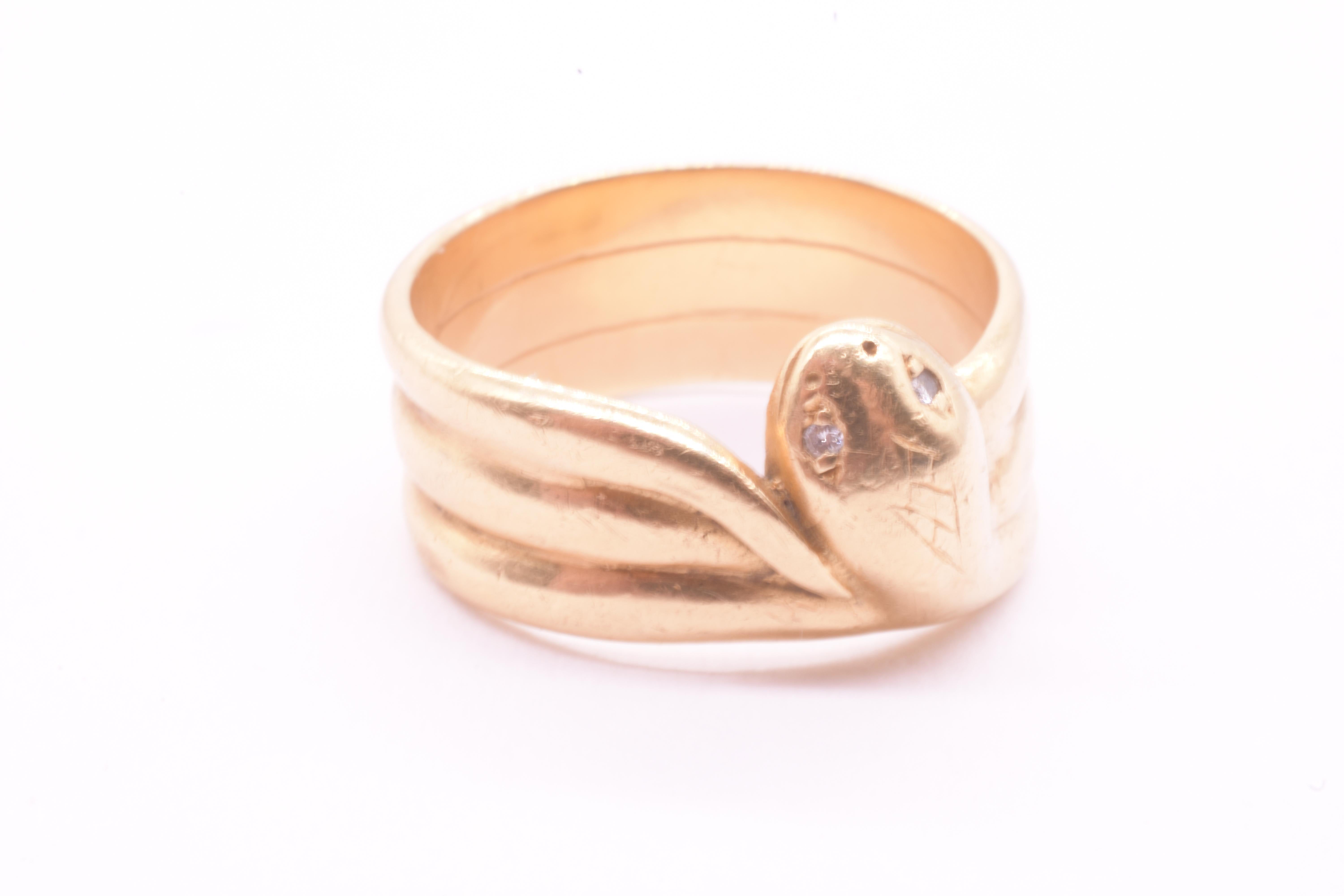 Women's or Men's C.1880 18K Triple Coiled Snake Ring with Diamond Eyes For Sale
