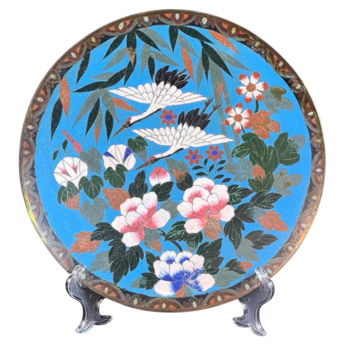 c.1880–1900 Japanese Meiji Era Cloisonne Charger Plate with Cranes, 11.8in