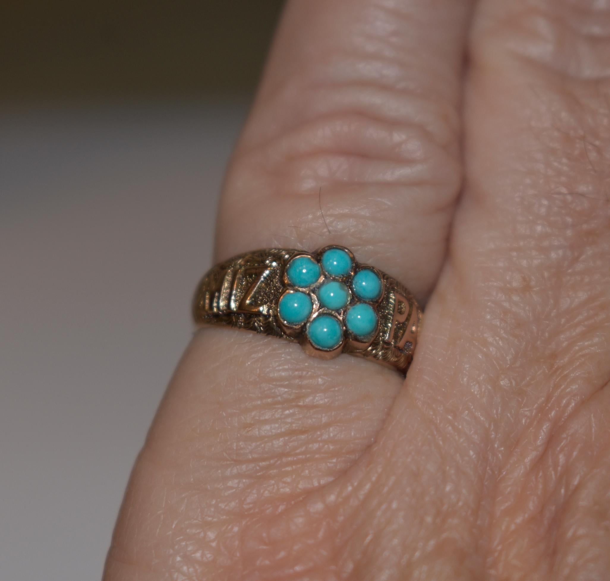 9k Turquoise Forget Me Not Mizpah Ring, circa 1880 In Good Condition In Baltimore, MD