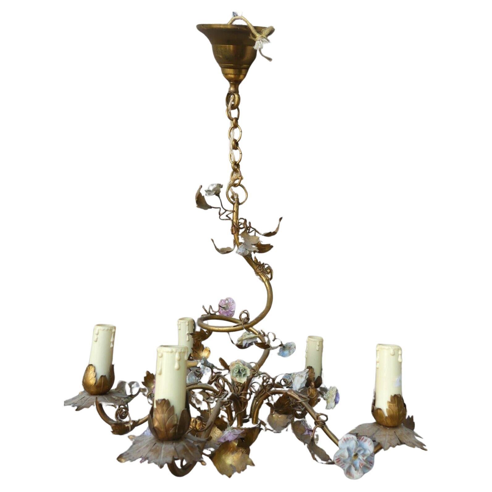 c1880 Antique French Louis XVI stlye Bronze & Porcelain Flowered Chandelier For Sale