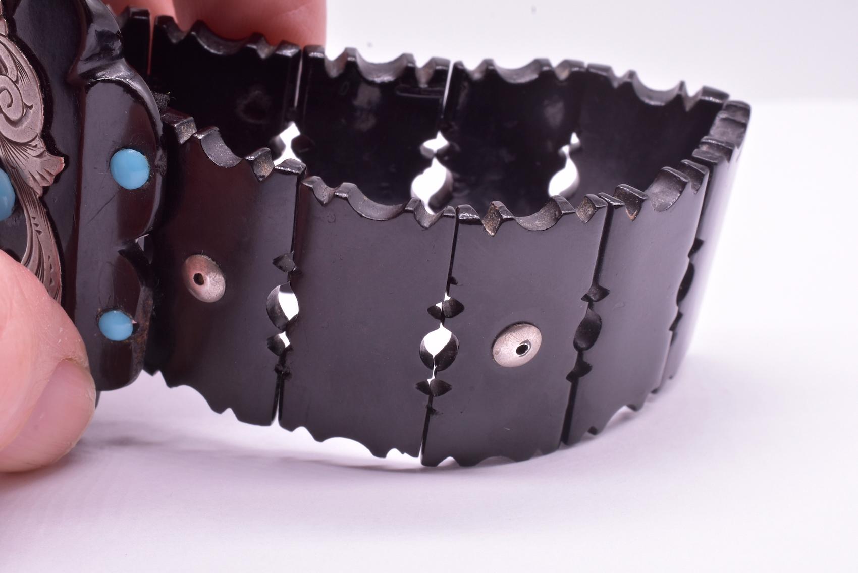 C1880 Carved Whitby Jet Bracelet W Silver and Turquoise Accents For Sale 3