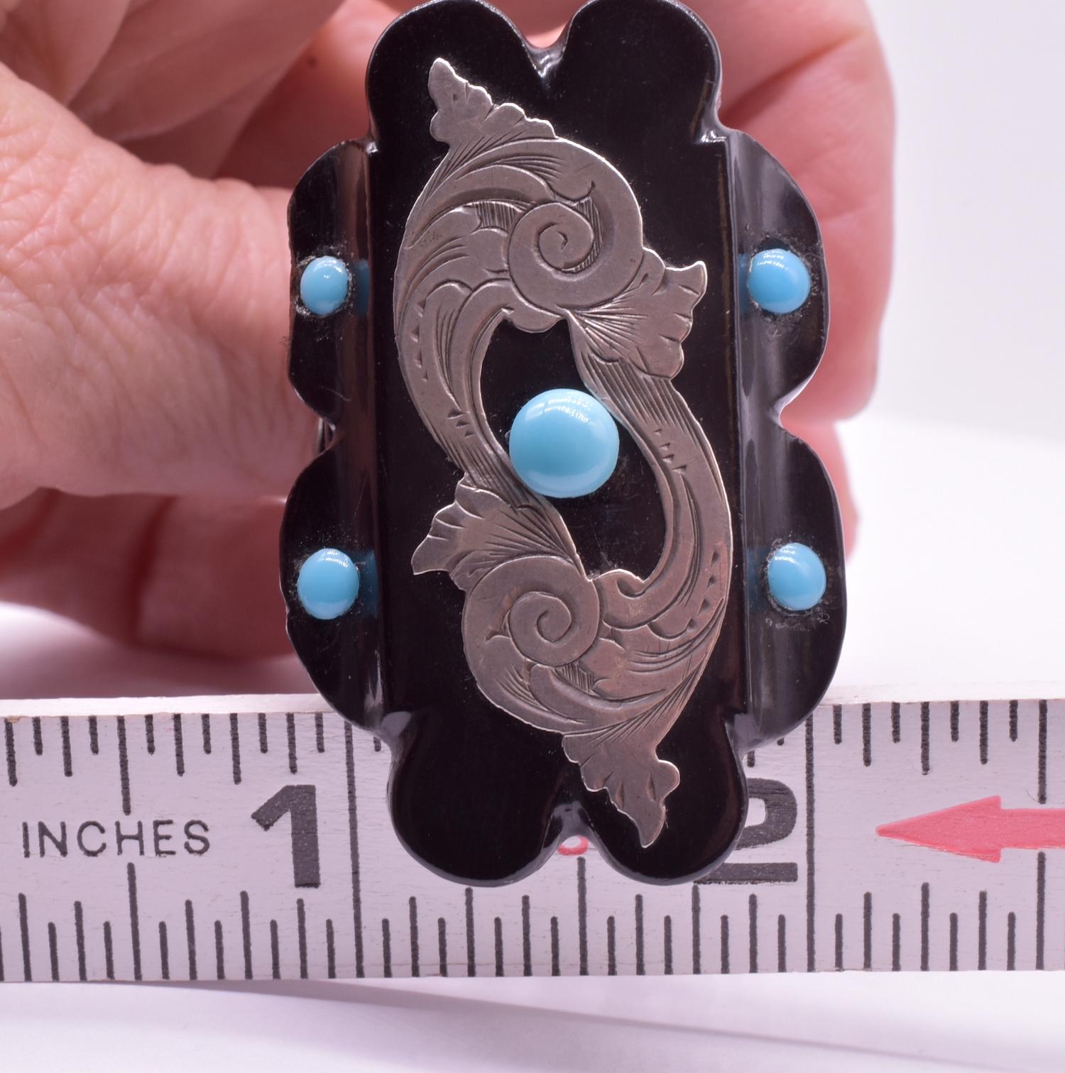 C1880 Carved Whitby Jet Bracelet W Silver and Turquoise Accents For Sale 6