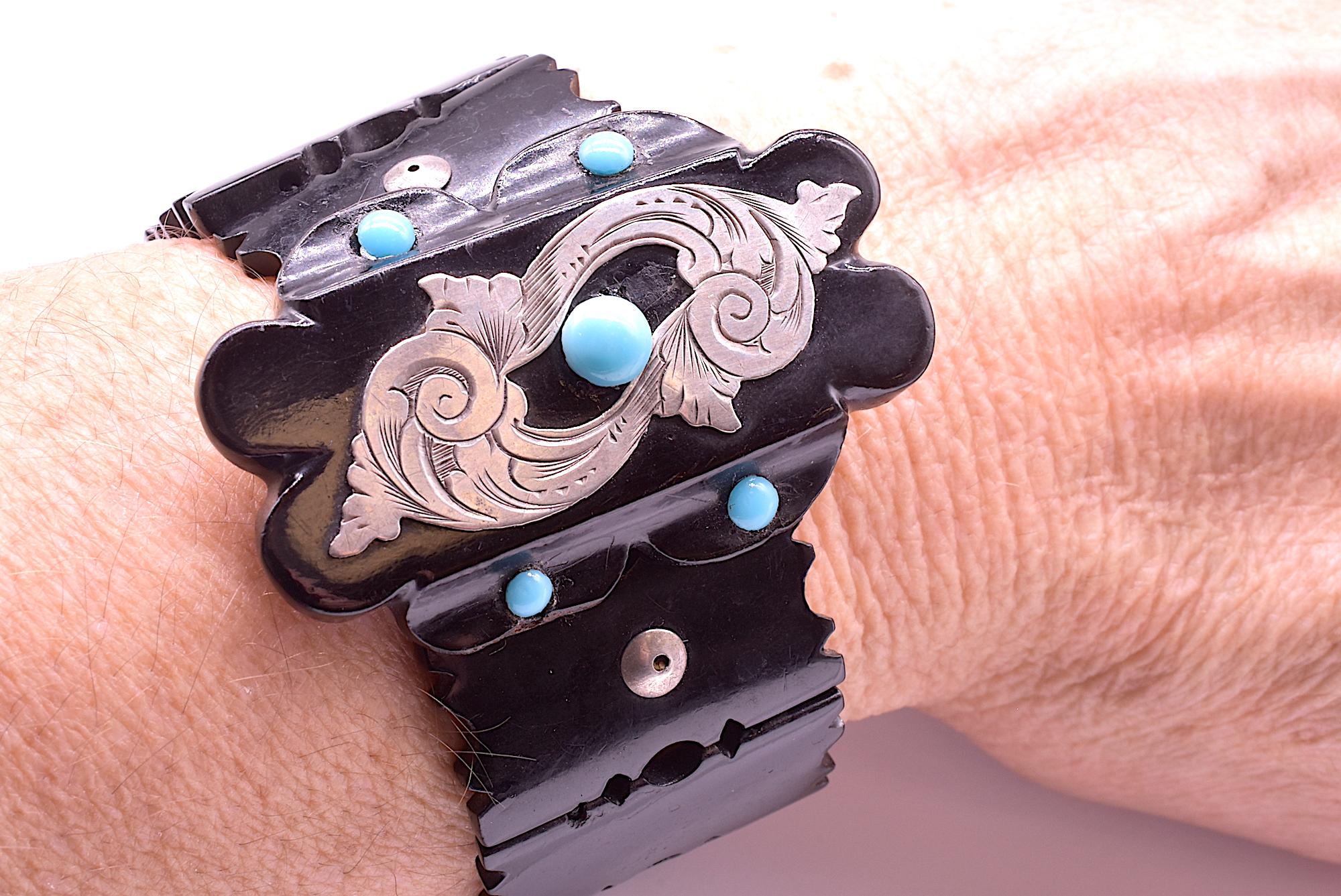 Late Victorian C1880 Carved Whitby Jet Bracelet W Silver and Turquoise Accents For Sale