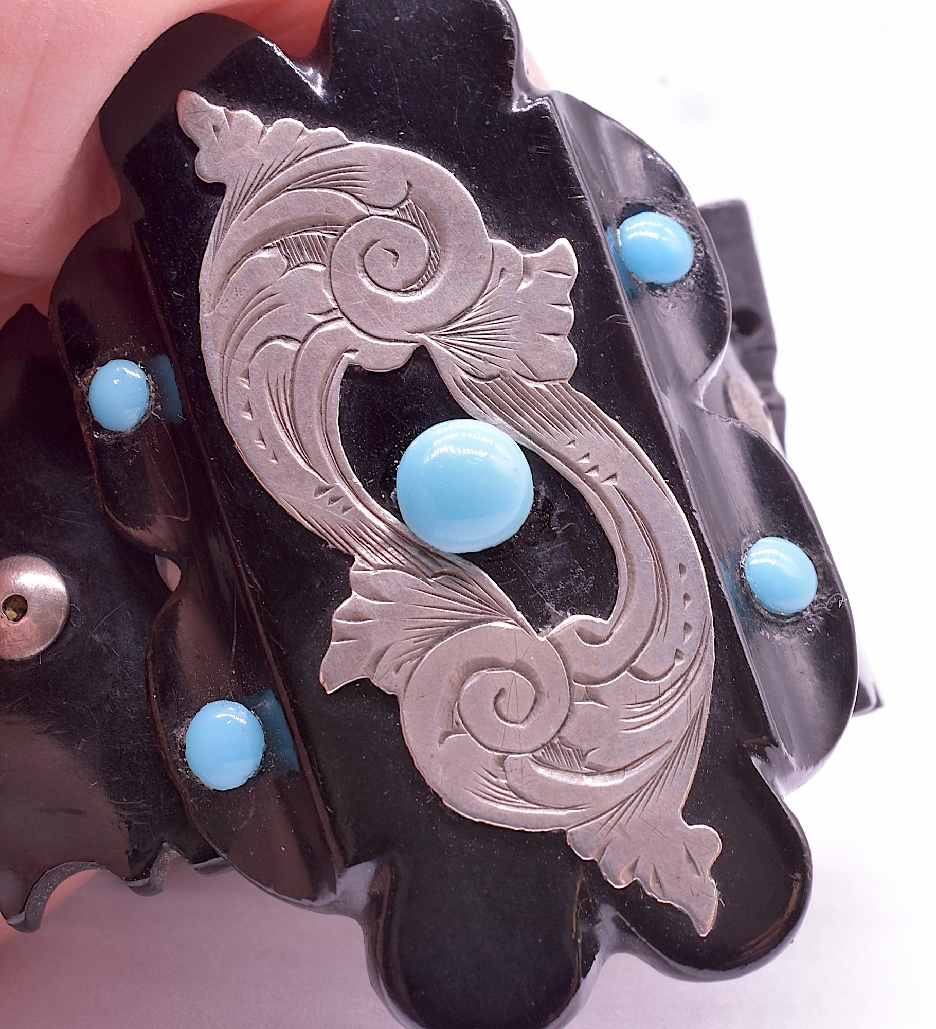 Cabochon C1880 Carved Whitby Jet Bracelet W Silver and Turquoise Accents For Sale