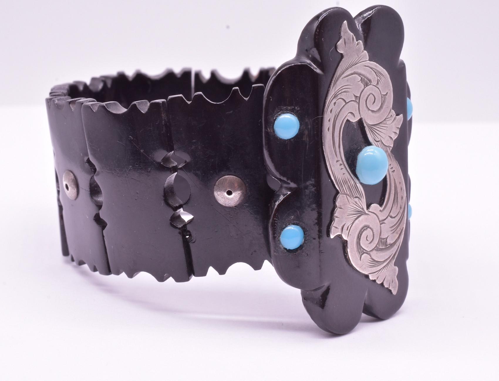 C1880 Carved Whitby Jet Bracelet W Silver and Turquoise Accents For Sale 2