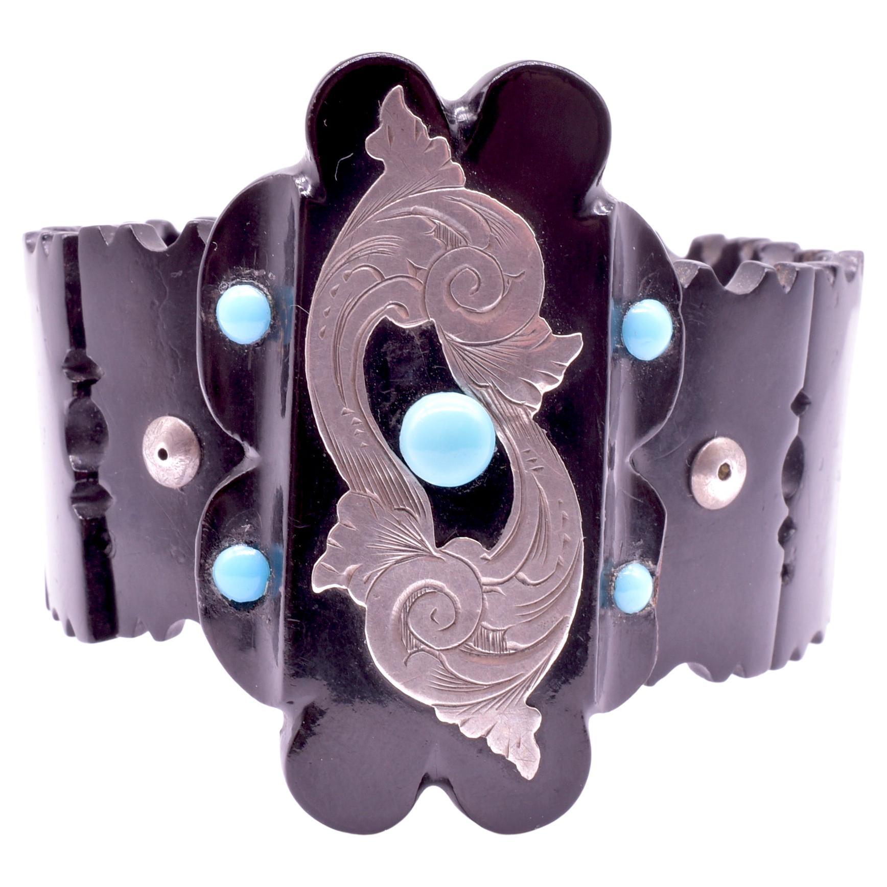 C1880 Carved Whitby Jet Bracelet W Silver and Turquoise Accents For Sale