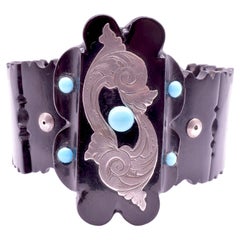 C1880 Carved Whitby Jet Bracelet W Silver and Turquoise Accents