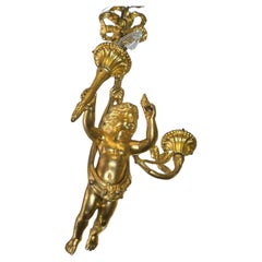 c1880 French Belle Epoque Gilt Bronze Cherub "Flying Putto" Chandelier