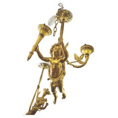 Antique c1880 French Belle Epoque Gilt Bronze Cherub "Flying Putto" Chandelier