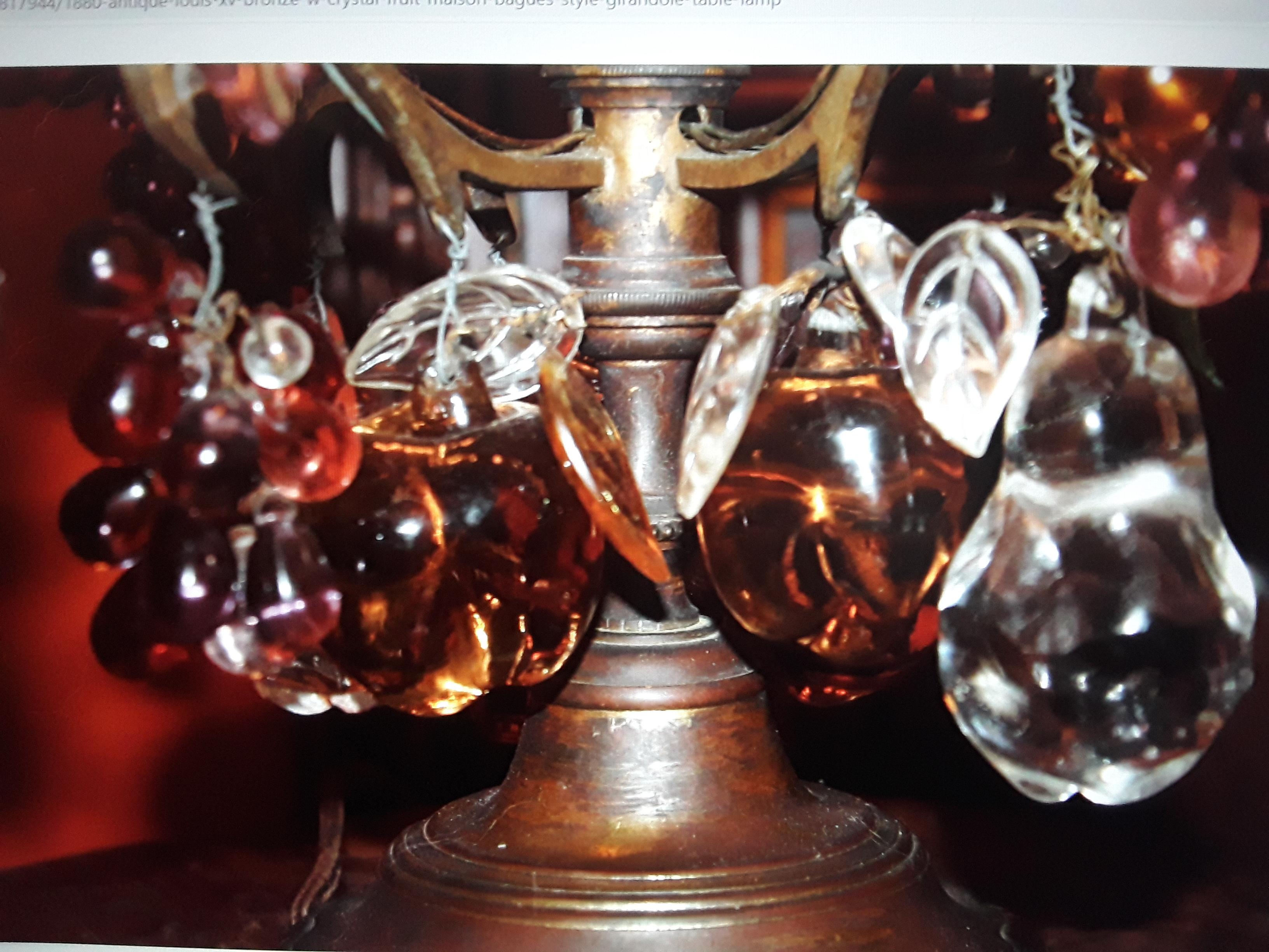 c1880 French Louis XV Bronze Table Lamp/ Girandole Laden w/ Murano Crystal Fruit For Sale 7