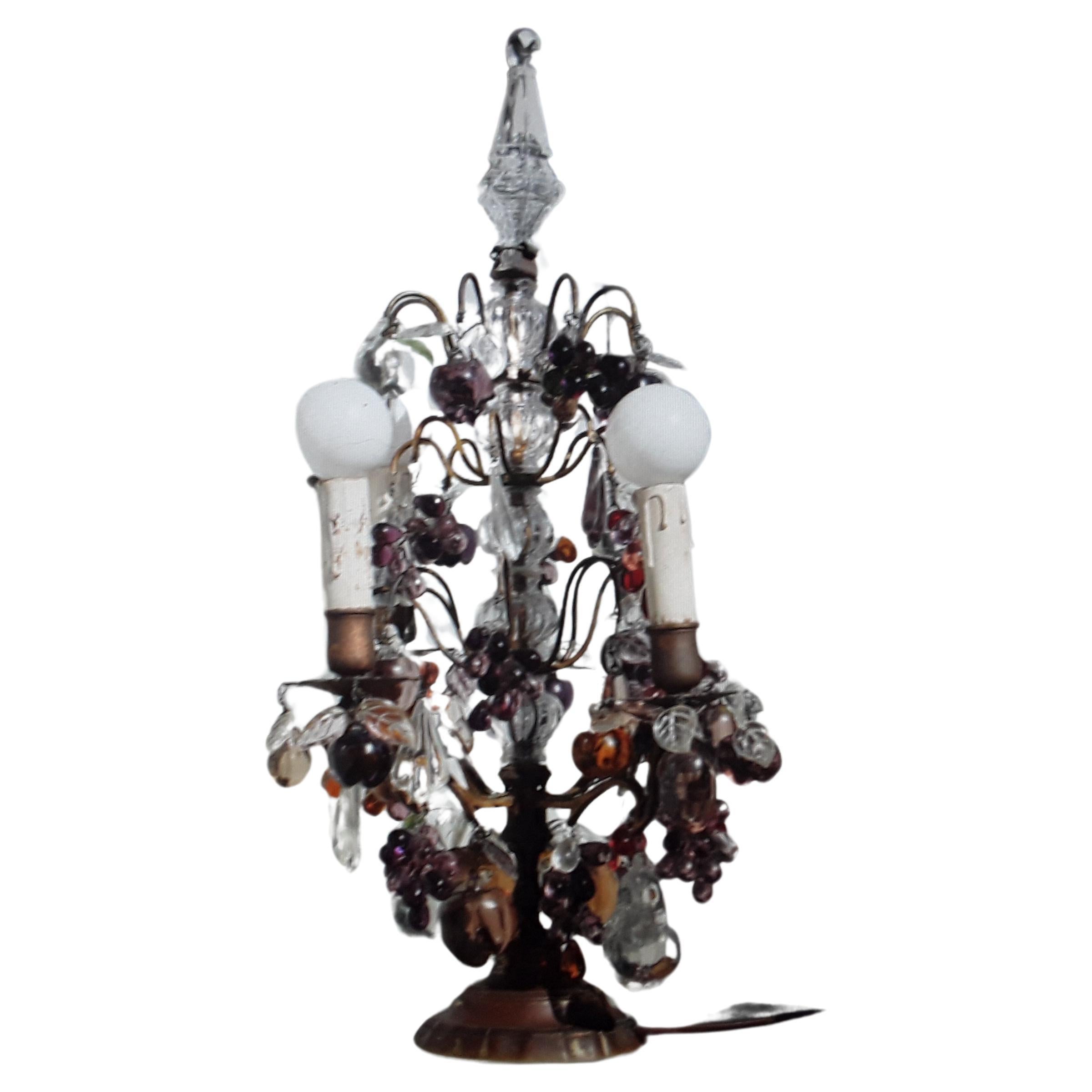 c1880 French Louis XV Bronze Table Lamp/ Girandole Laden w/ Murano Crystal Fruit For Sale
