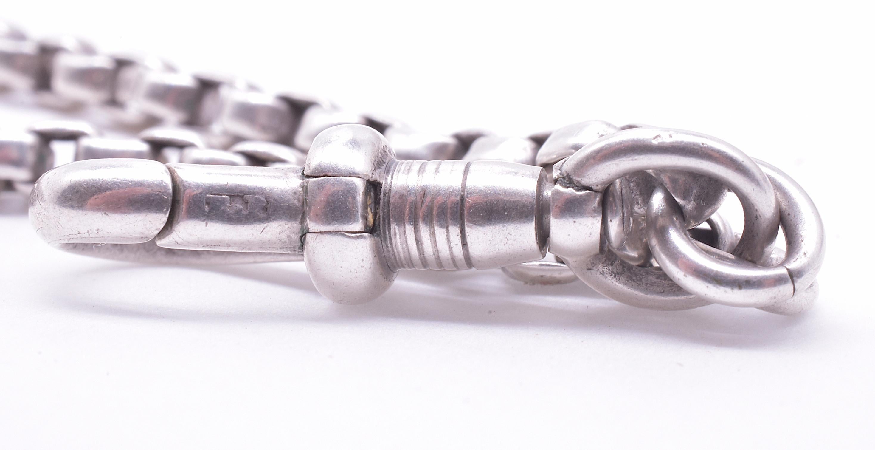 C.1880 Sterling Silver Venetian Box Link Watch Chain In Excellent Condition In Baltimore, MD