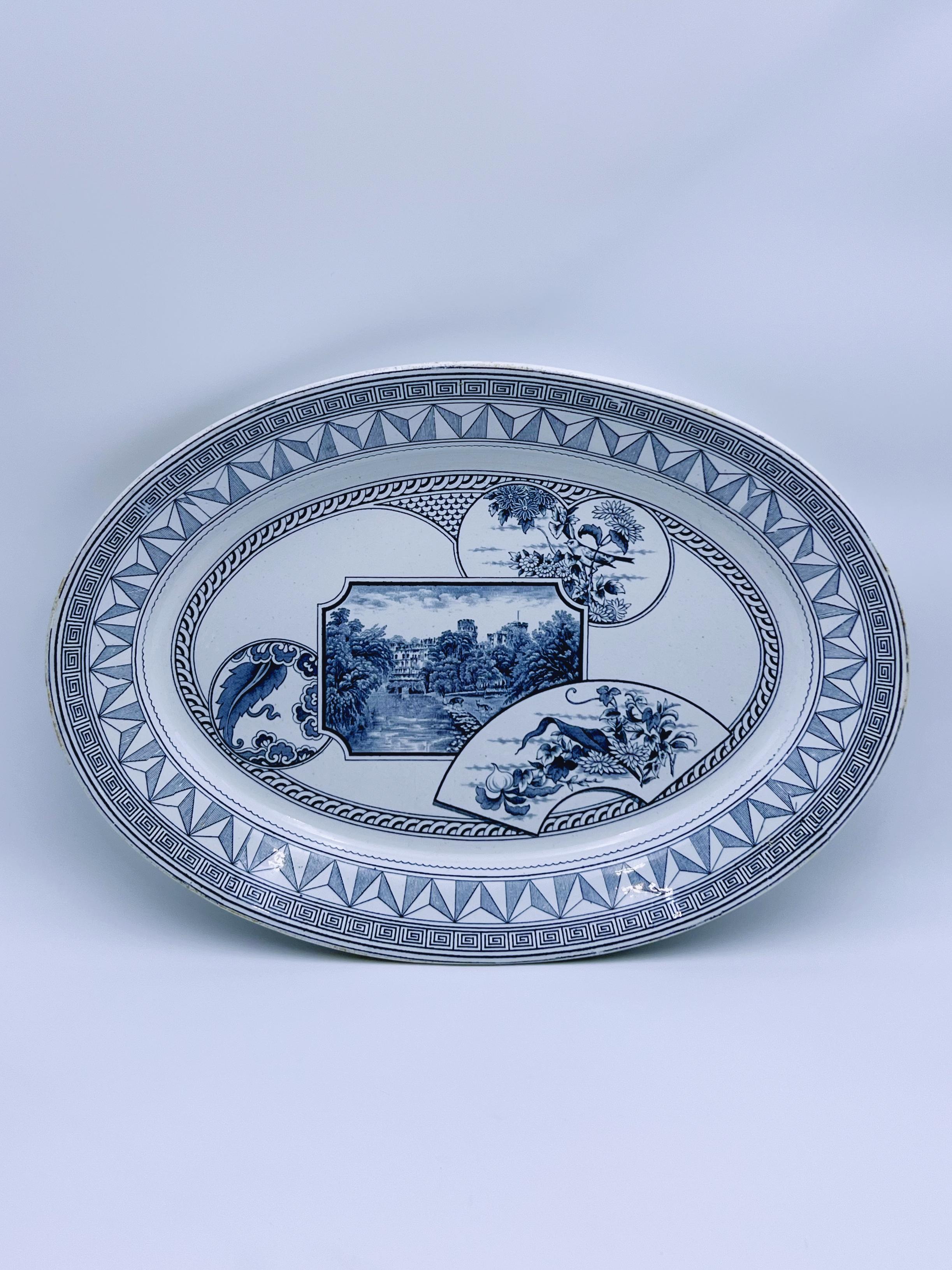 English C.1880 Victorian Transferware Plate, Warwick, England, LARGE 45x32cm For Sale